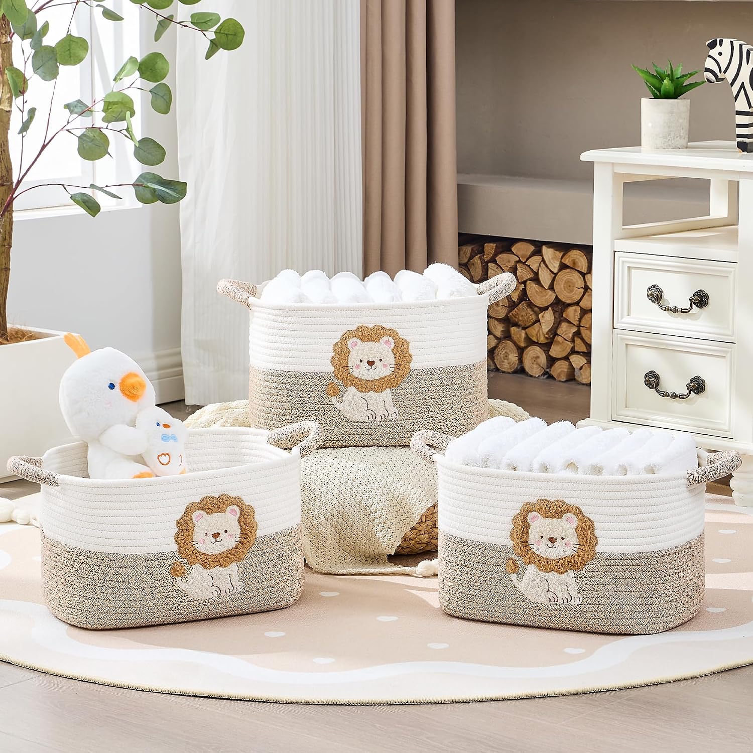 Woven Baskets, 3-Pack Storage Basket for Living Room, Bedroom, Nursery, Stylish Gift Basket with Handles, Cotton Rope Basket for Toys and Shelves, Multi-Purpose Organizer, Lion