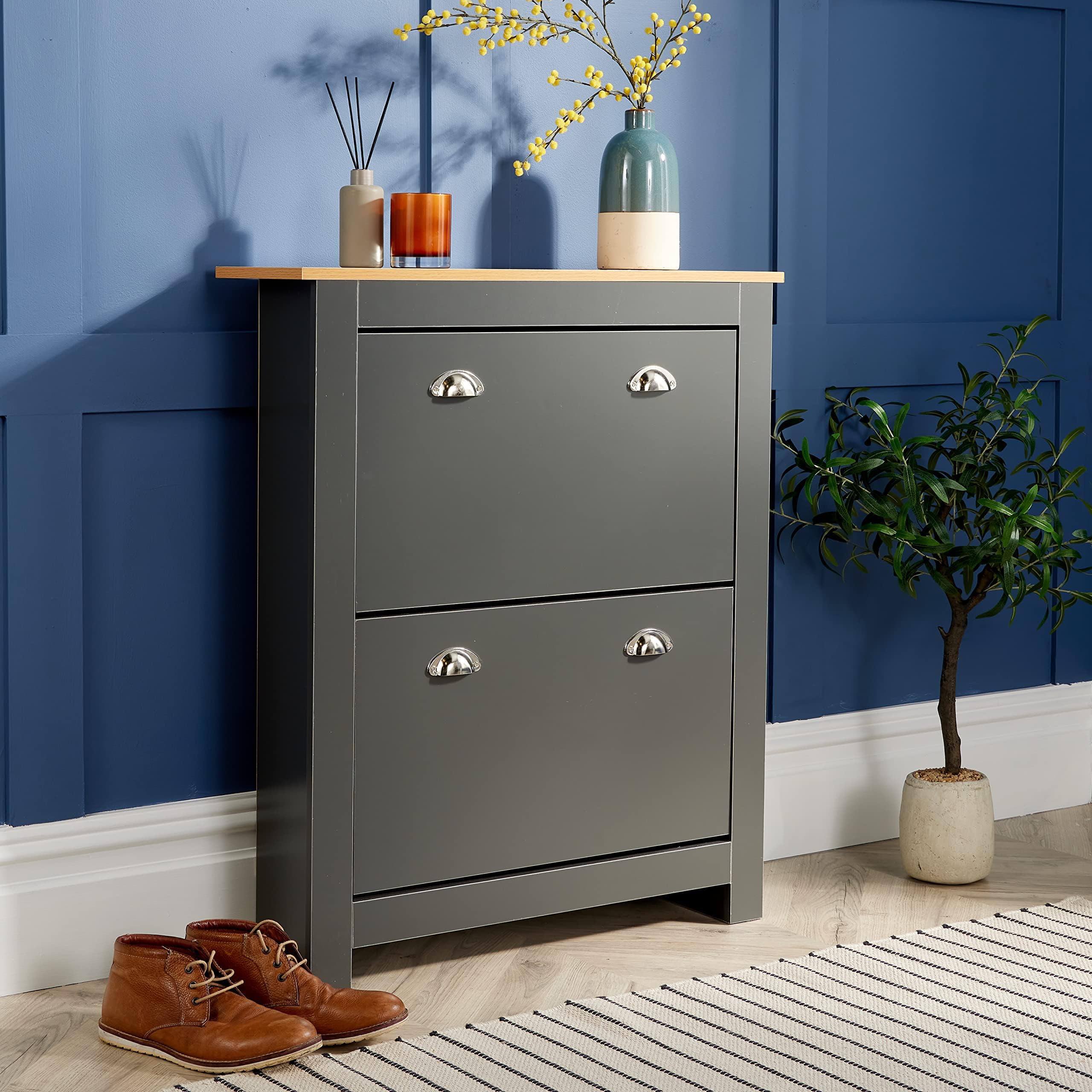 Home Source 2 Door Shoe Cabinet Hallway Storage Cupboard, Metal Handles ...