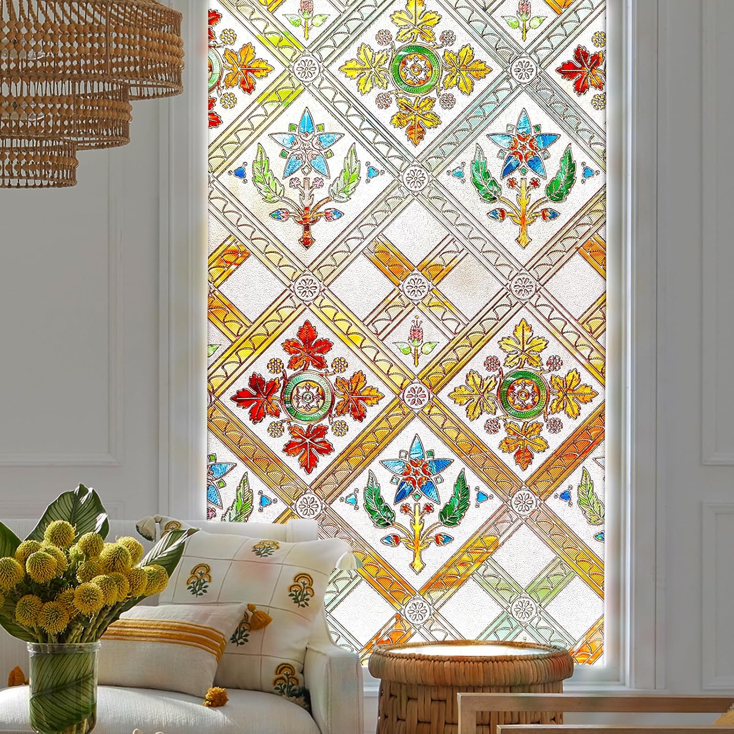 Coavas Stained Glass Window Film Decorative Privacy Cling for Home Bathroom & Front Door, 3D Floral Design, UV Blocking, Heat Control, Non-Adhesive, Reusable, Yellow, 23.6" x 35.4"