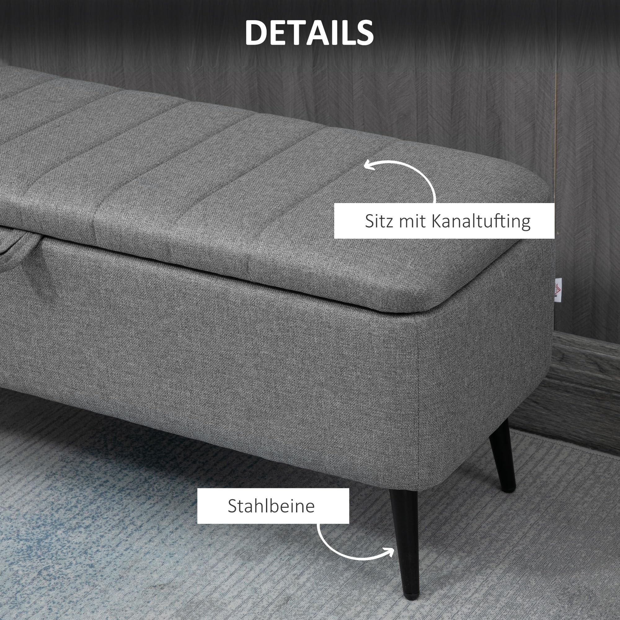 HOMCOM Sitzbank mit Stauraum mit Leinenoptik 102 x 40 x 44 cm, Grau | Polsterbank, Truhenbank mit Stahlbeinen, Sitztruhe, für Wohnzimmer Schlafzimmer Flur