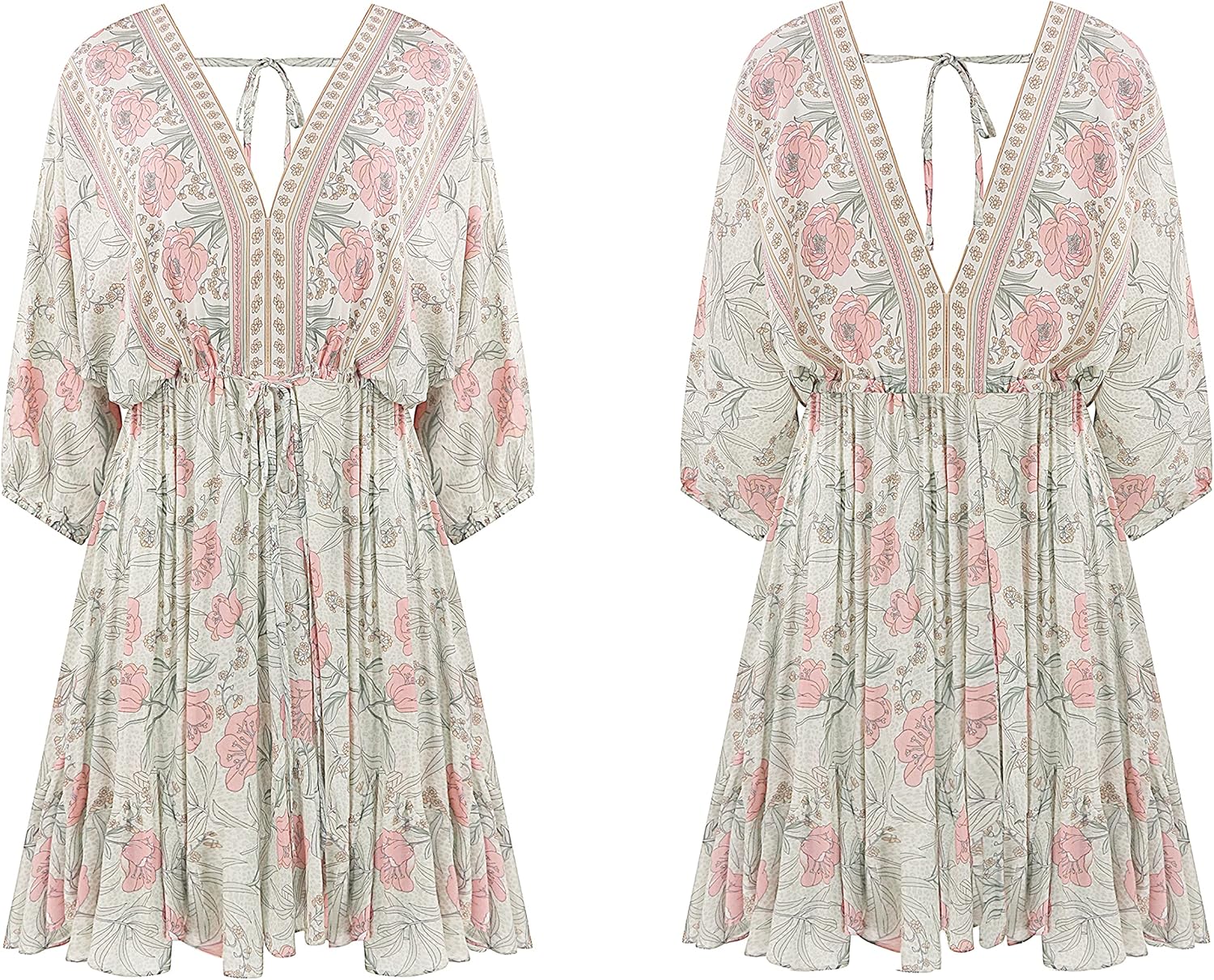 R.Vivimos Womens Summer Floral Dress 3/4 Sleeve Deep V Neck Boho Drawstring Backless Swing Mini Dress - Image 6