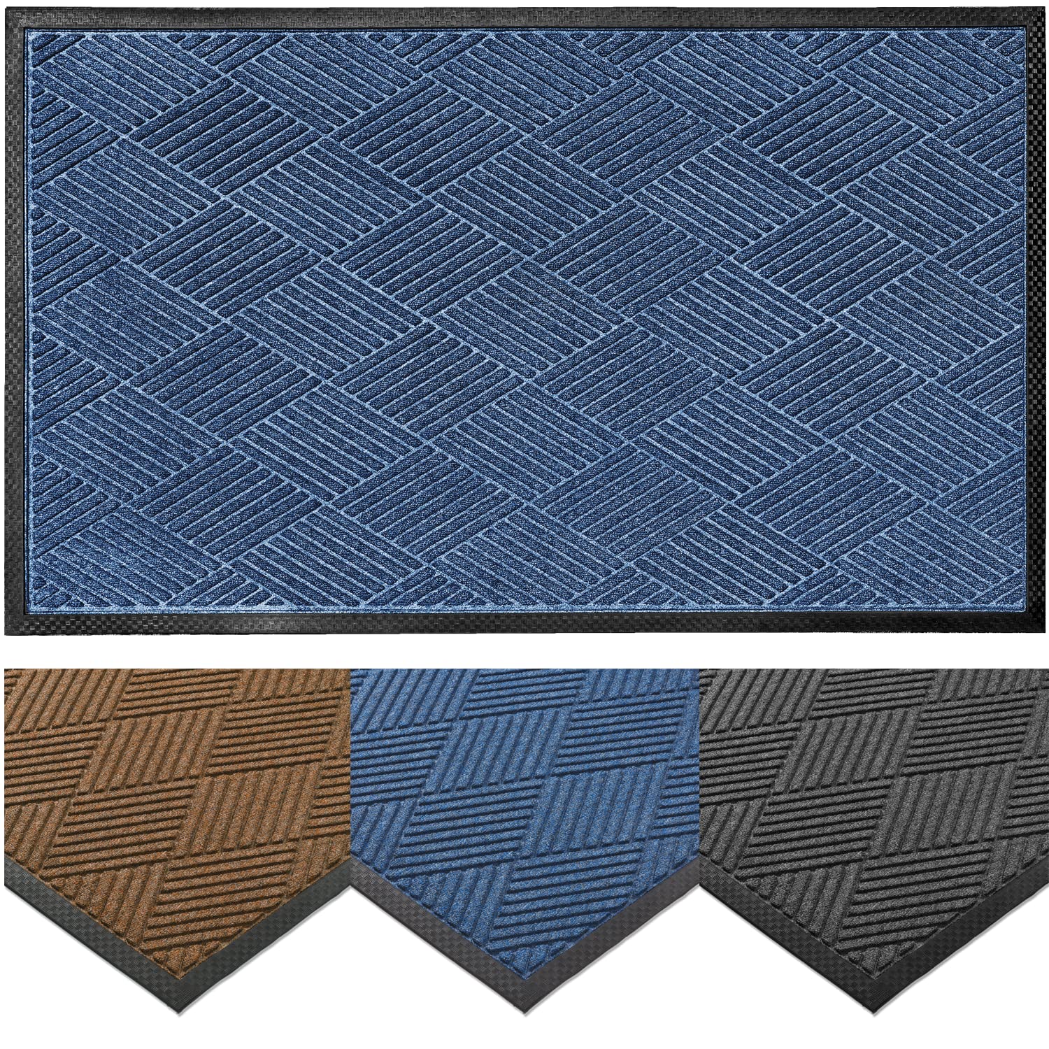 Deluxe Diamond Entrance Door Mat, Large Heavy Duty Absorbent Rubber Rug, Blue, 3’ X 4’ feet
