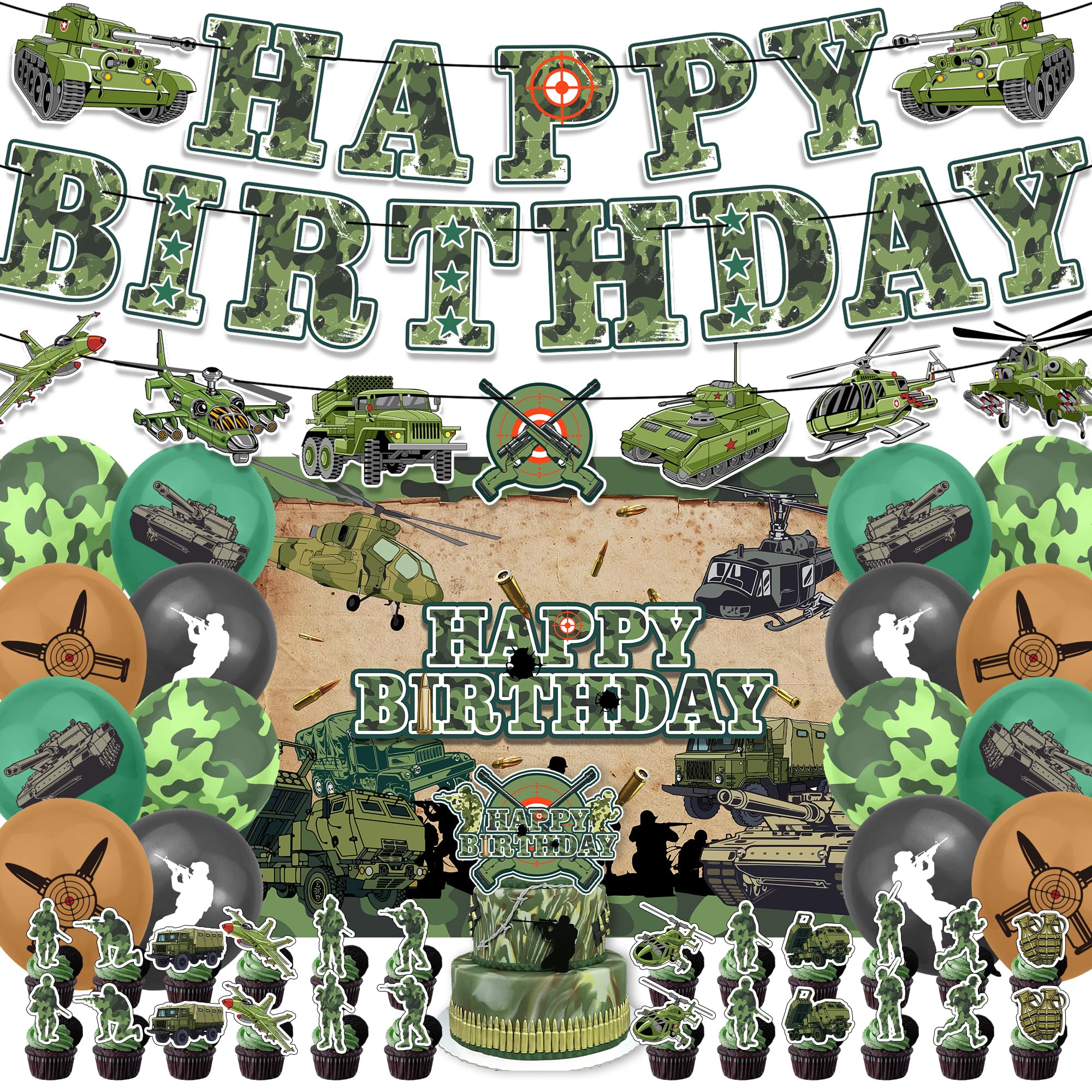 43Pcs Army Birthday Party Decorations Military Supplies Includes Soldier Balloons- Banner-Cake Topper-Cupcake Toppers-Army Soldier Backdrop for Camo