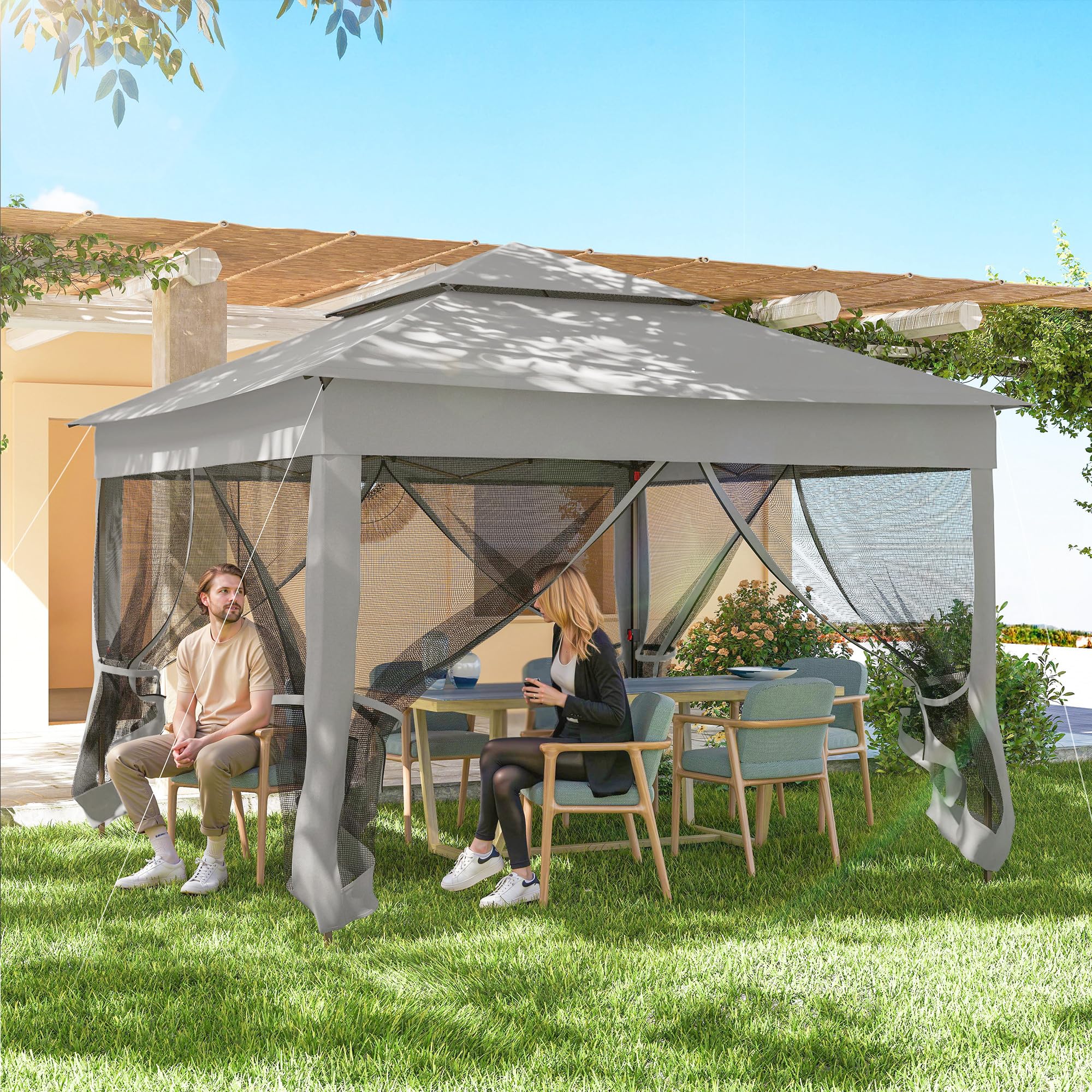Outsunny Carpa Plegable Gazebo 3,3x3,3 m con 4 Paredes Laterales Gris Claro | Cenador Plegable, Malla Anti-UV, Bolsa de Transporte, para Camping Fiestas