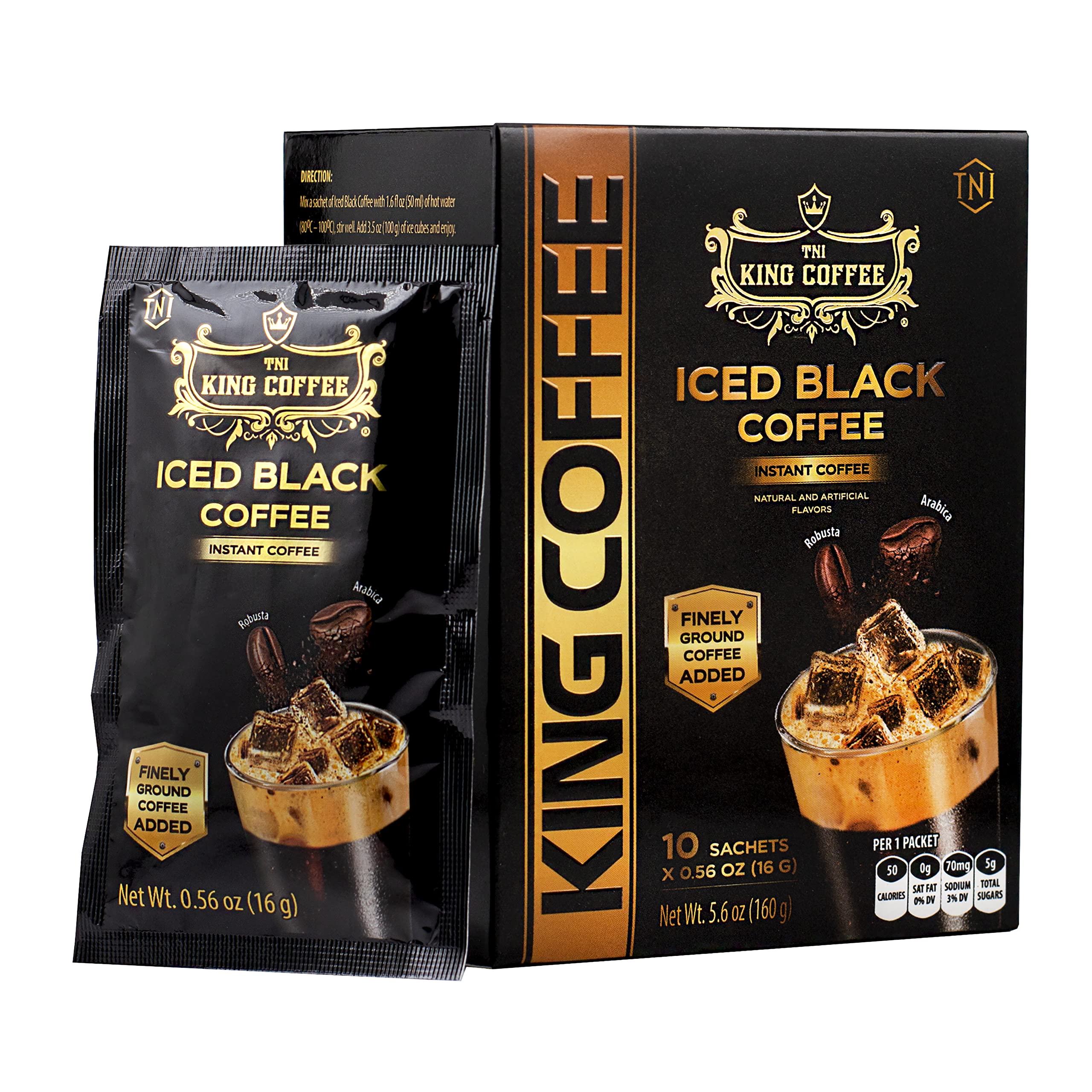 King Coffee Iced Black Instant Coffee - Finely Ground Robusta and Arabica Blend from Vietnam | 10 Sachets (0.56 oz/16g each) | 5.6 oz (Pack of 1)