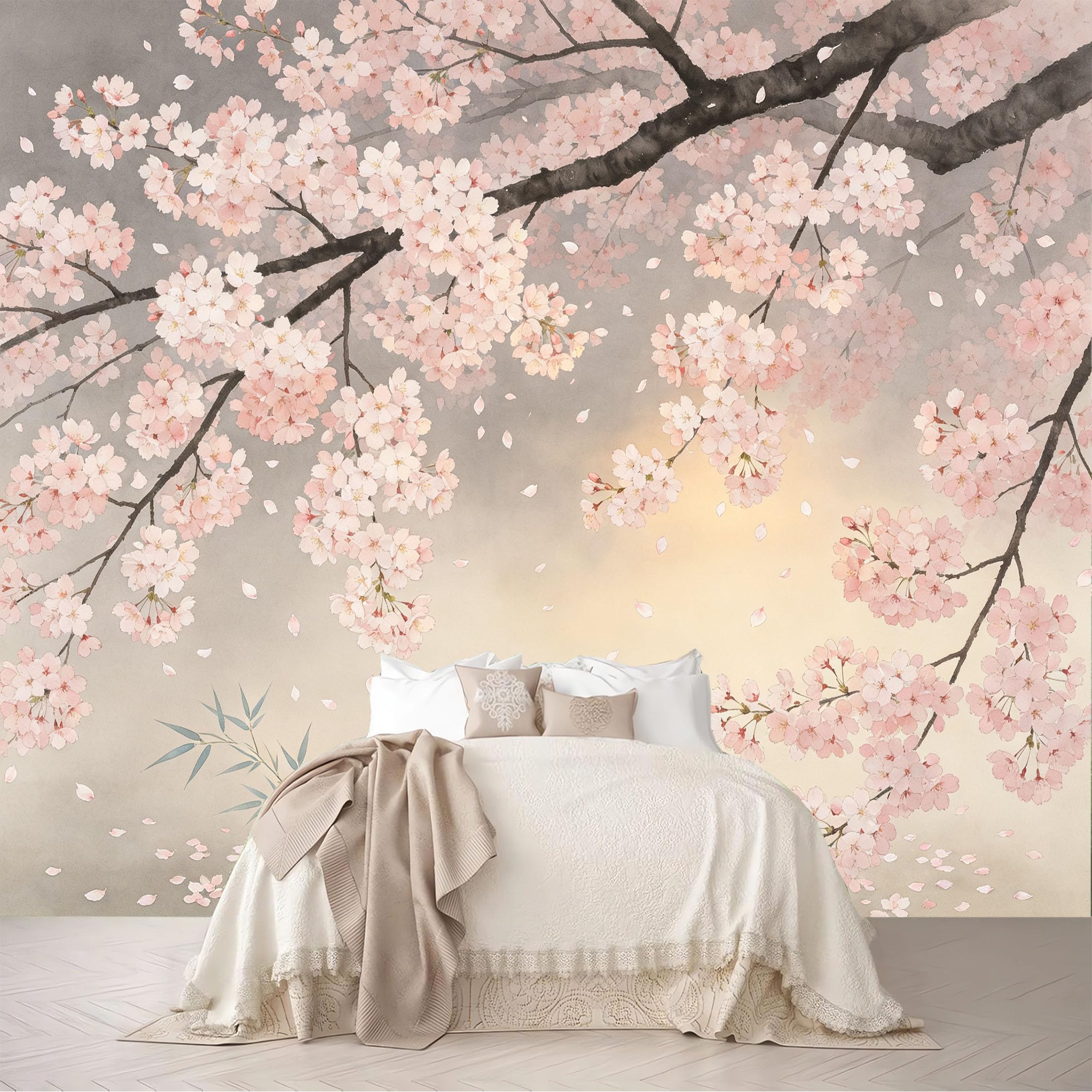 Custom Size Wall Murals Misty Watercolor Cherry Blossom Branch Removable Self-Adhesive for Bedroom Living Room Dining Room