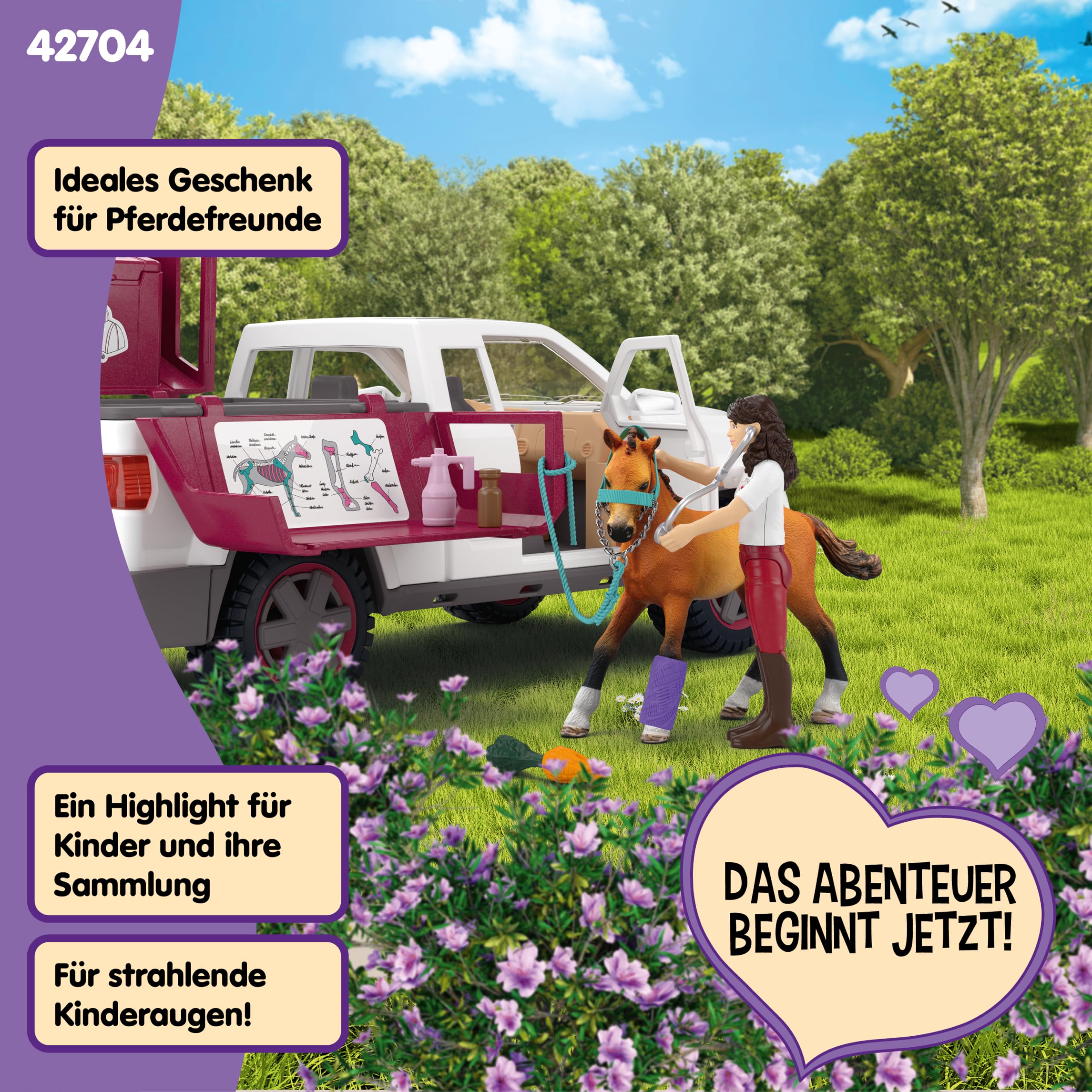 schleich Horse Club | Mobile Tierärztin mit Anhänger 42704 | 90 Teile | Set aus Pick-up & Anhänger, 1 Pferd, bewegliche Figur & Zubehör | Geschenk für Mädchen und Jungen | Spielzeug ab 5 Jahren
