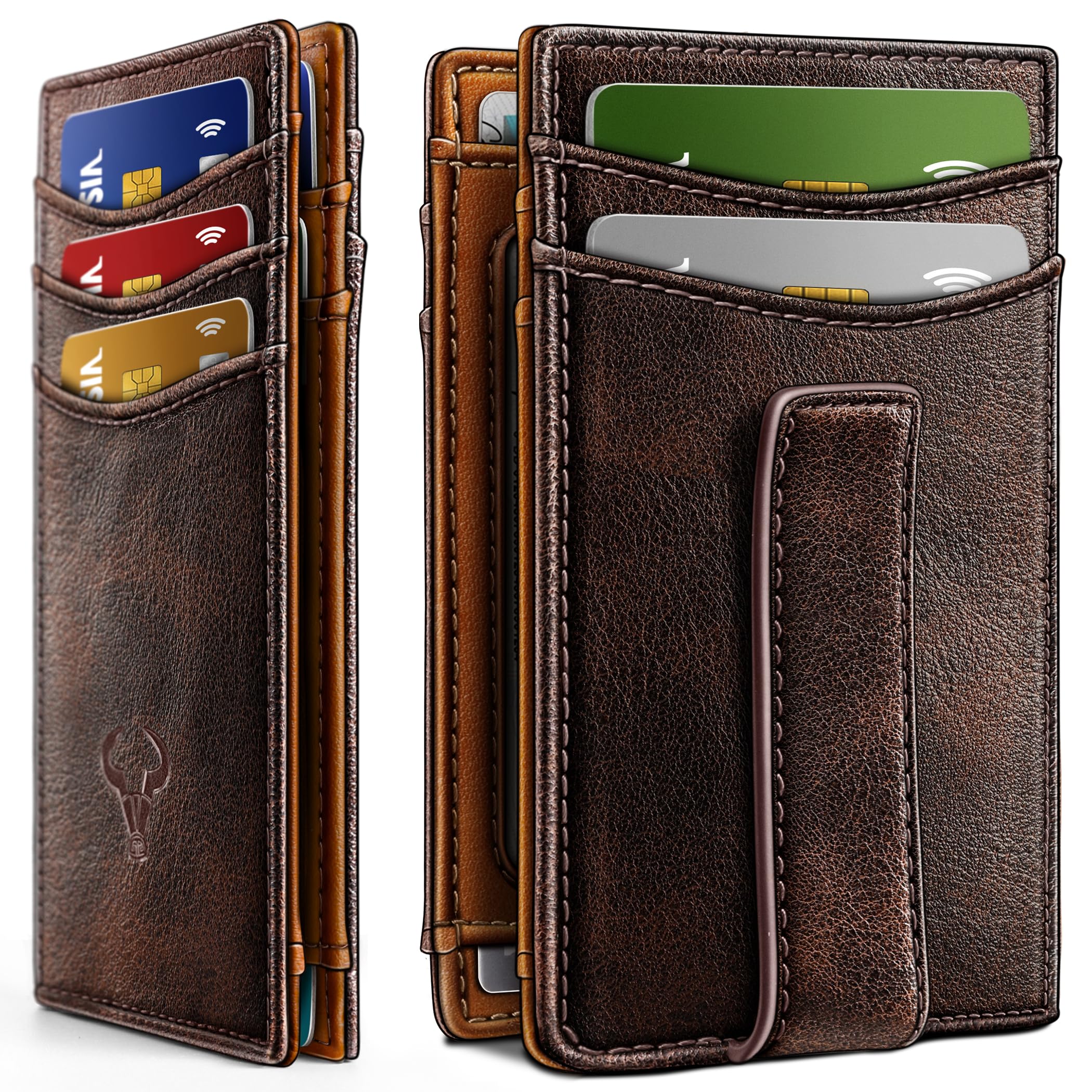 BULLIANT Magnetic Slim Leather Pocket Wallet Money Clip For Men 12Cards | RFID Blocking | Easy Access | Gift Boxed Alaska Leather1 Forest Brown7739