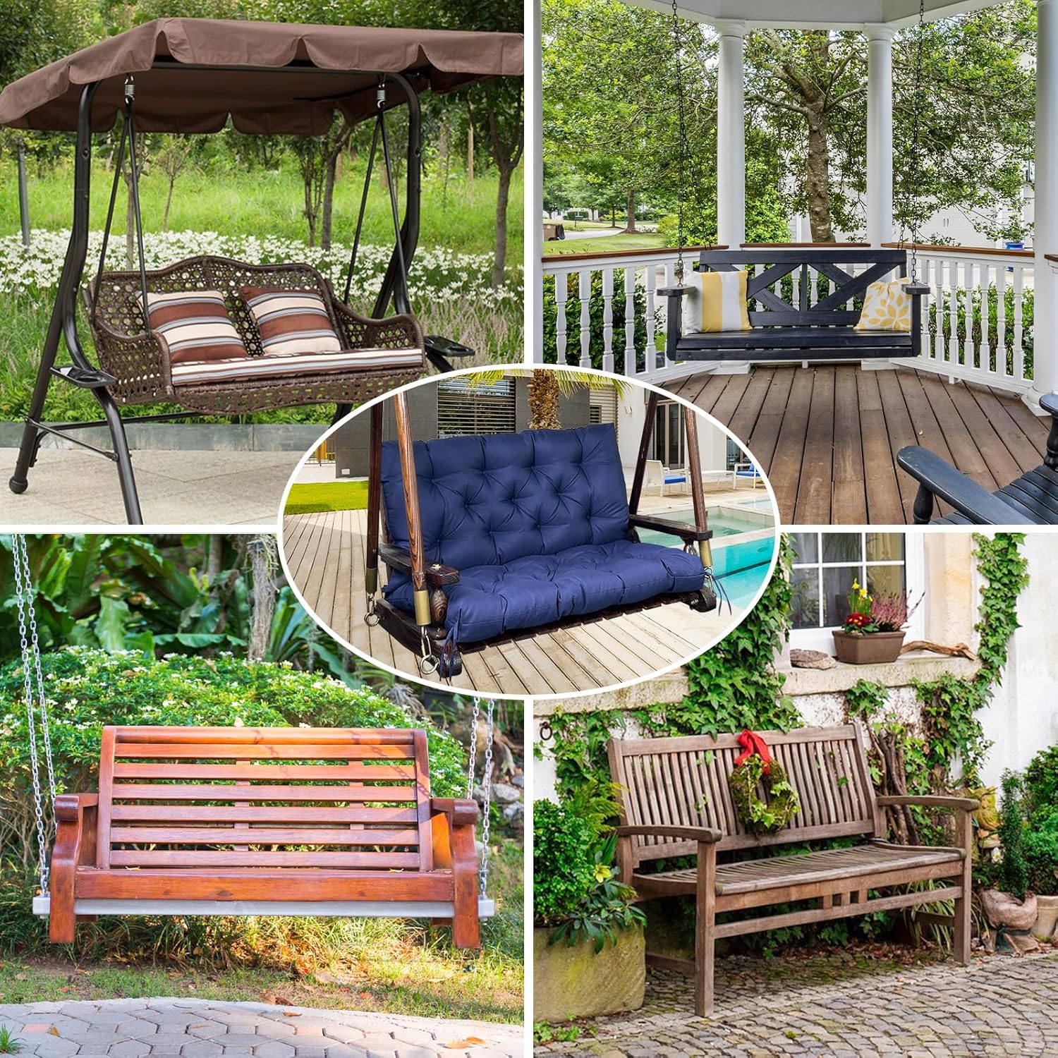 Porch Swing Replacement Cushions: 2-3 Seater Outdoor Waterproof Swing Cushions with Ties - Thick Swing Cushion with Backrest for Garden Patio Furniture Loveseat