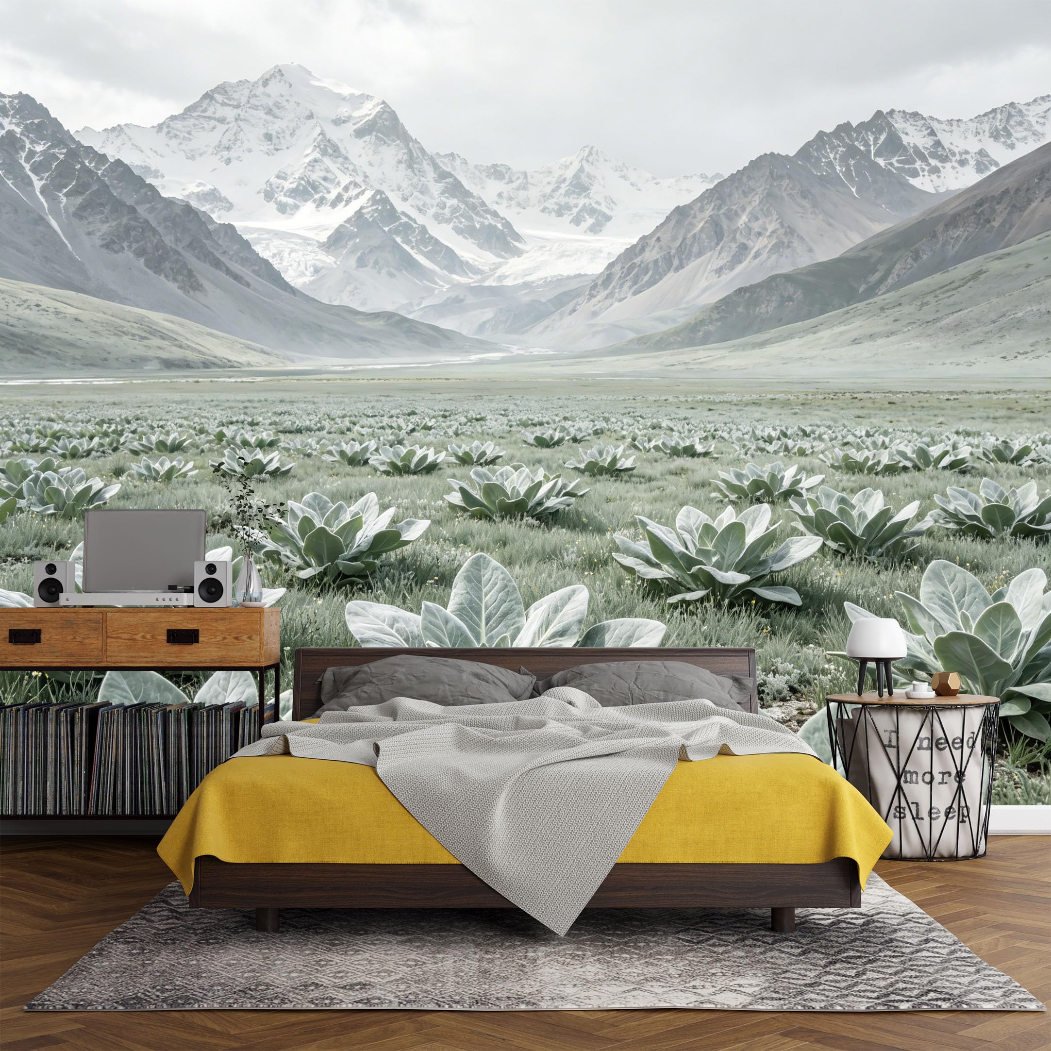 Custom Size Wall Mural， Mountain Lake Valley Alpine Plants Snow Peaks Landscape，SelfAdhesive Art Prints wall Fabric (No PVC) Removable Wallpaper Living Room Decor