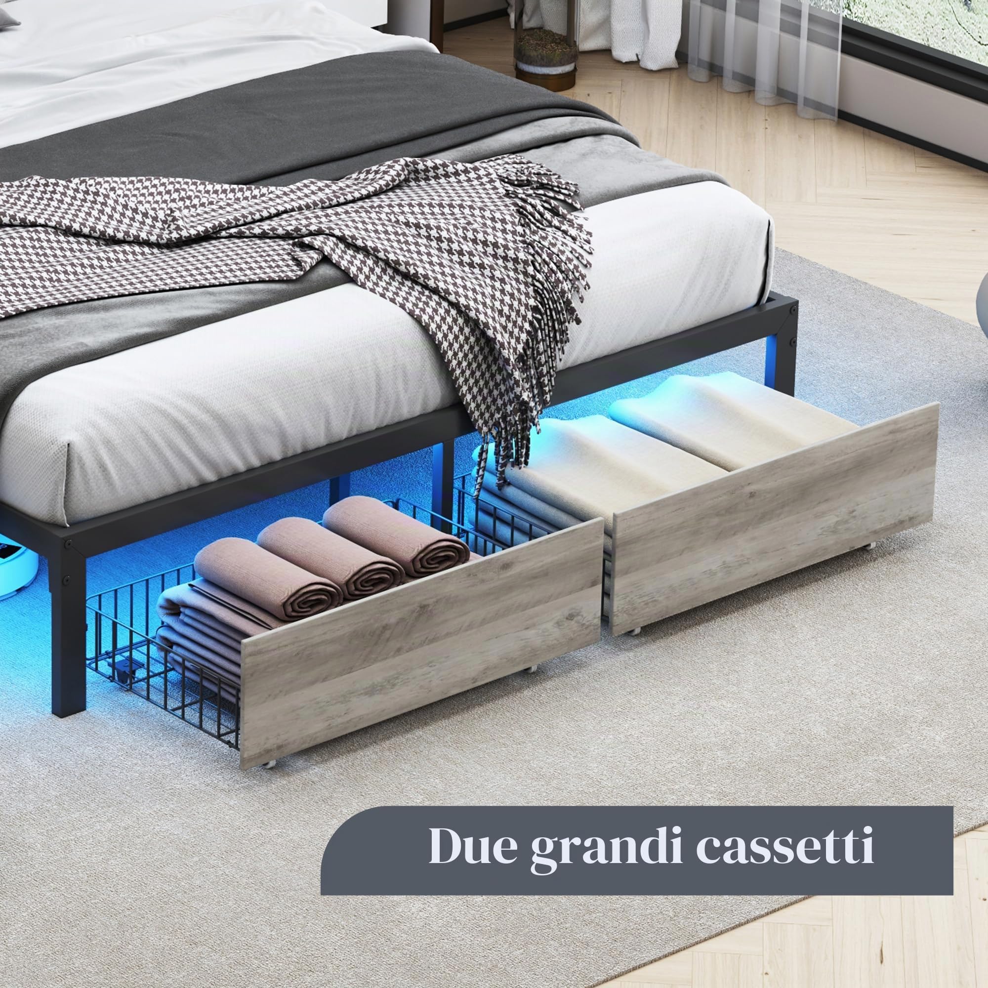 Letto Matrimoniale 160 x 200 cm con 2 Cassetti, Letto imbottito con illuminazione a LED e ricarica USB, Moderno Struttura Letto in Metallo, PU, Nero, Senza materasso