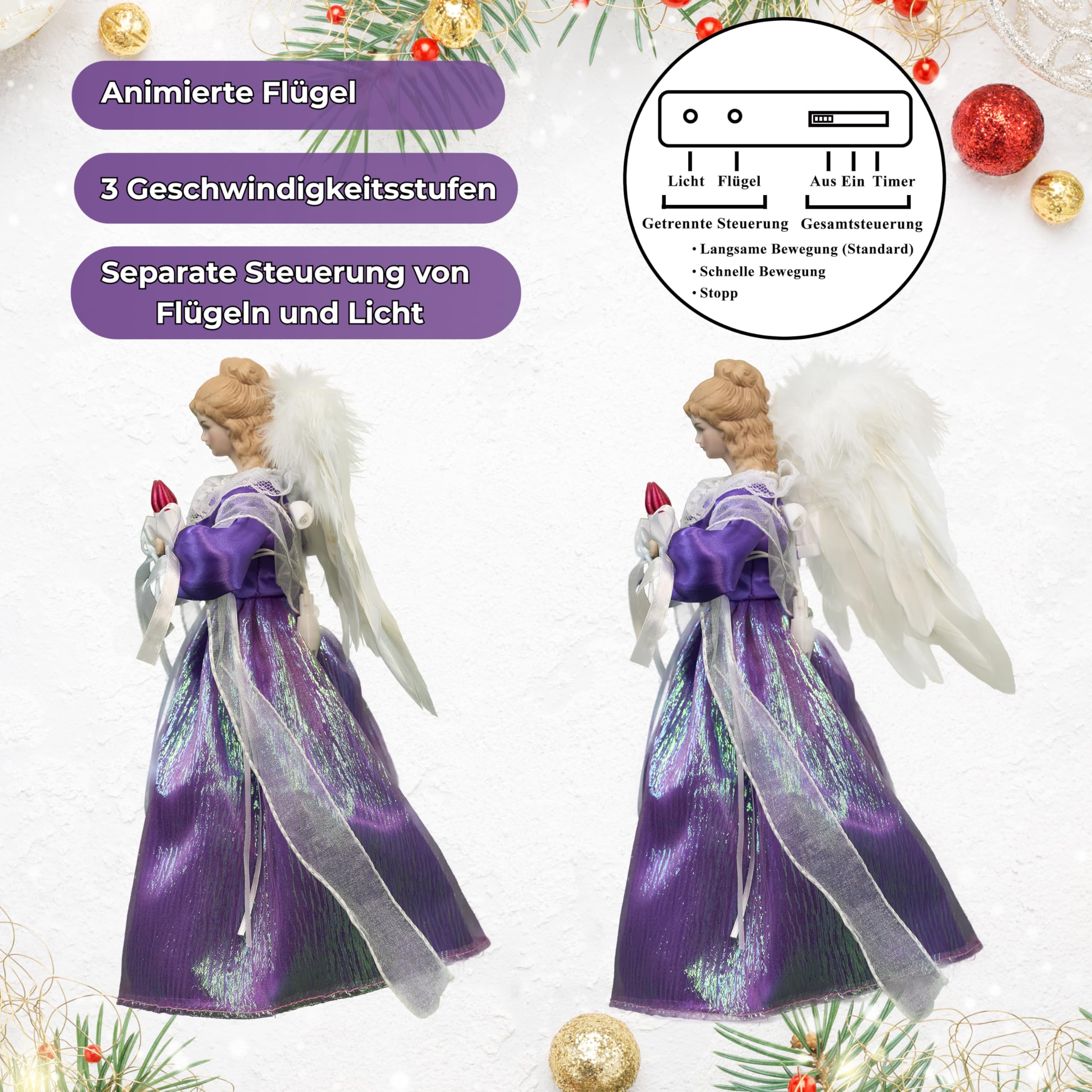 Christbaumspitze Engel mit automatisch schlagenden Flügeln – Weihnachtsbaumspitze beleuchtet in Lila, 30 cm, mit Hellen LEDs & separat steuerbaren Flügeln, 6 Std. EIN / 18 Std. Aus