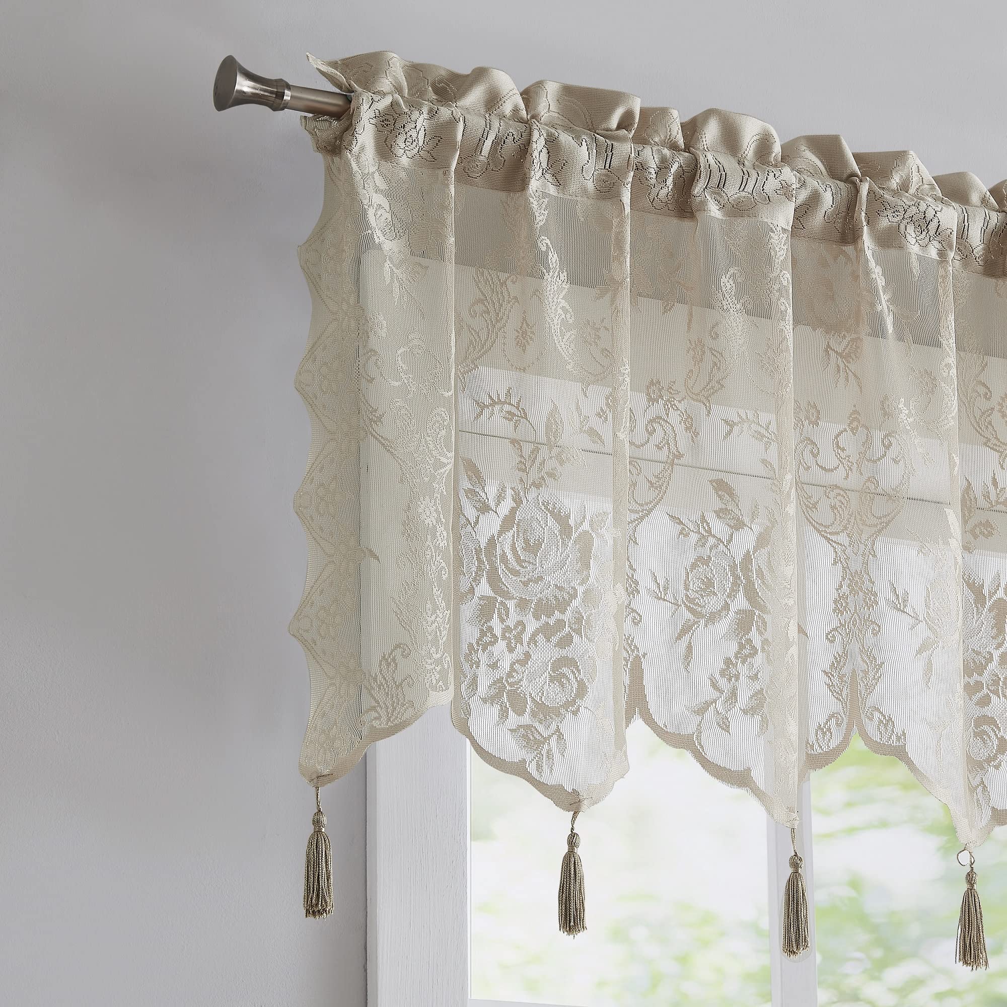 Amazon.com: LinenZone Sheer Lace Valance with 6 Tassels and