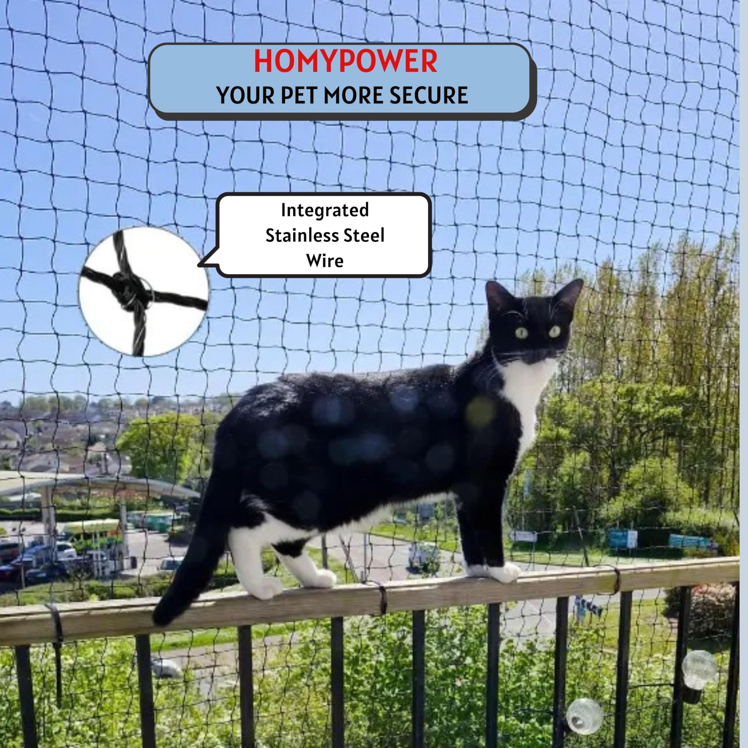 Katzennetz Balkon, Edelstahl verstärkt Bissriss UV- und witterungsbeständig Anti-Fall Netz für Haustiere, Sicherheitsnetz für Katze, kleines Catio für Wohnung Balkon Schutz (3.0x7.9m)