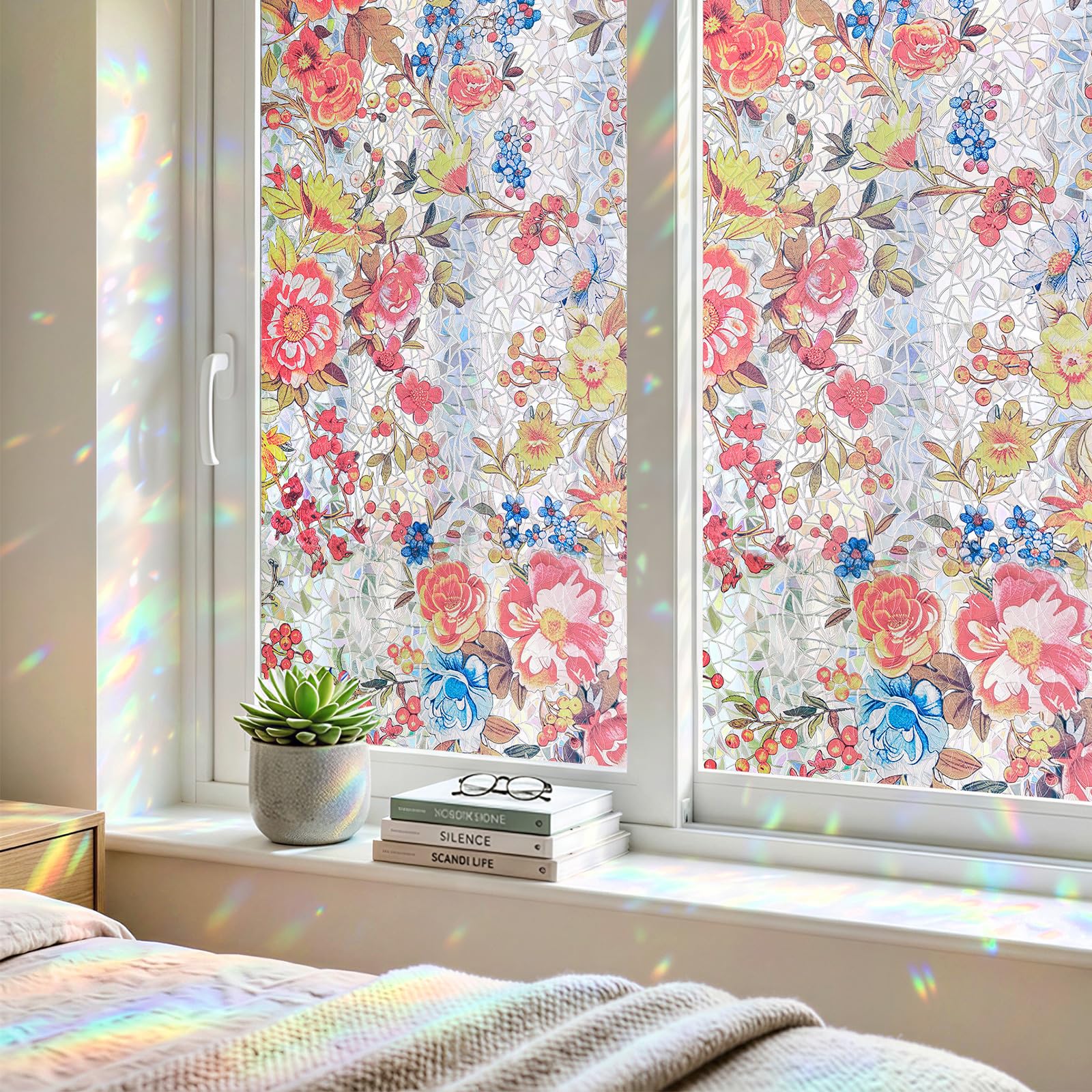 Fensterfolie Blickdicht Selbsthaftend, Sichtschutzfolie Fenster Innen Statische Fensterfolie ohne Kleber, Fenster Folie Blickschutz für Küche und Bad,Flammendes Eisblau 44X200CM