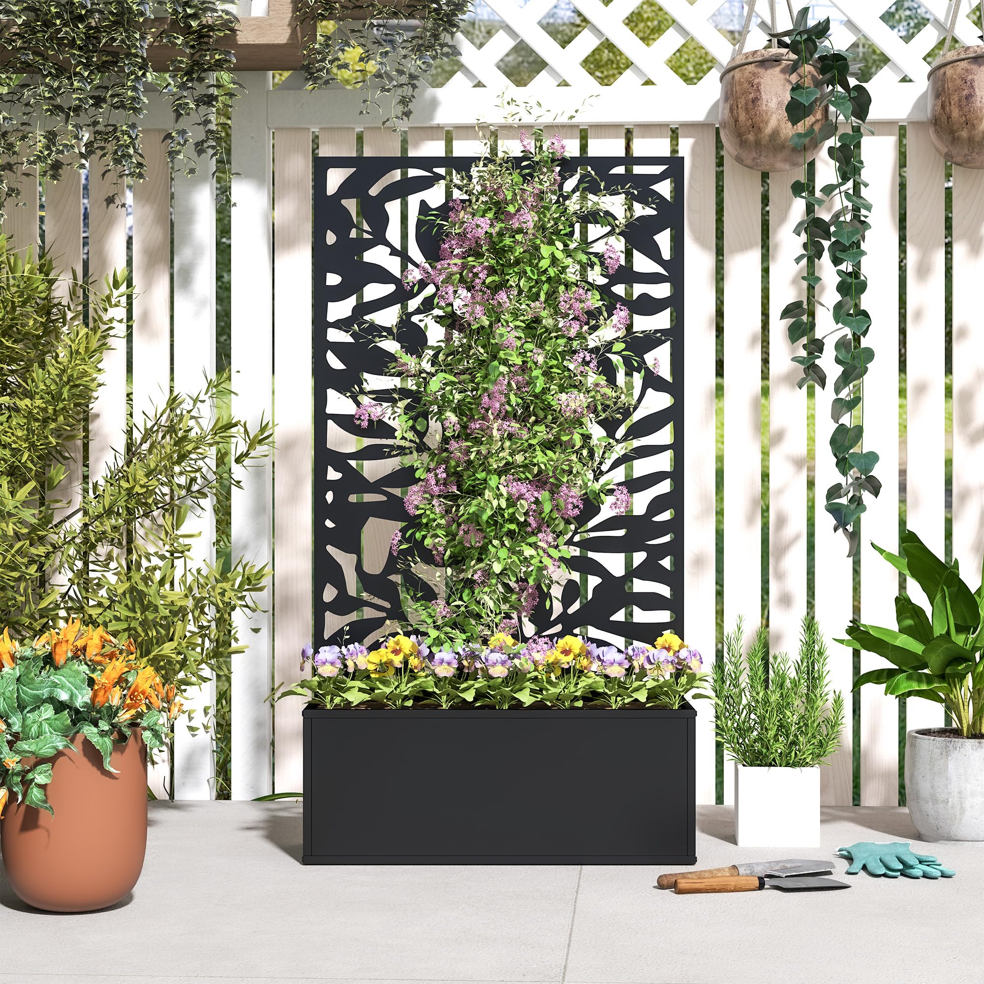 Outsunny Jardinera Exterior Grande de Metal Jardinera con Pantalla de Privacidad de Hojas Sólidas Decorativas Jardinera de Pared o Independiente para Patio Terraza 61x23x113 cm Negro
