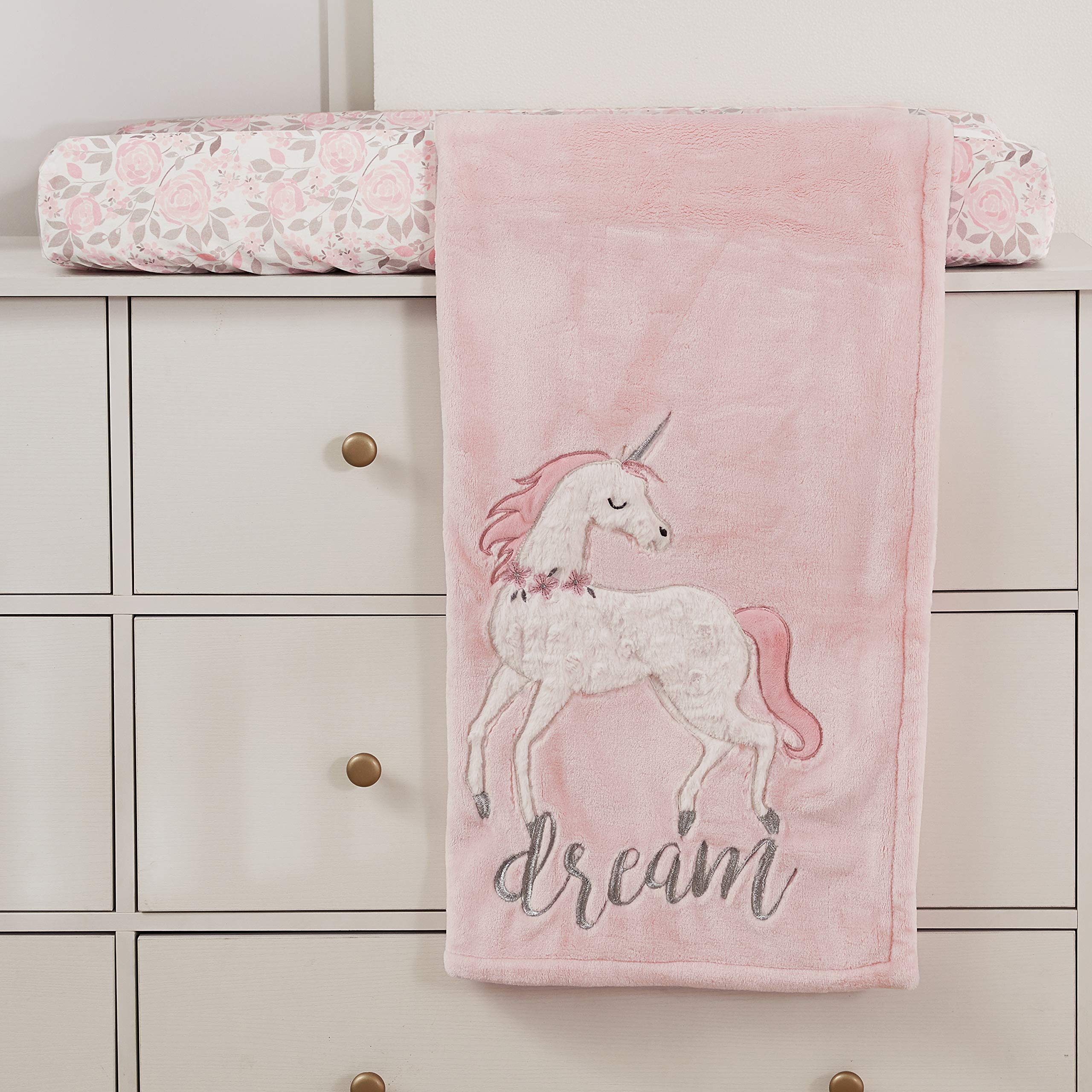 Levtex Baby Funda para cambiador de pañales Colette, se adapta a la mayoría de cambiadores estándar, felpa blanca, rosa y gris floral, accesorios para guardería, felpa