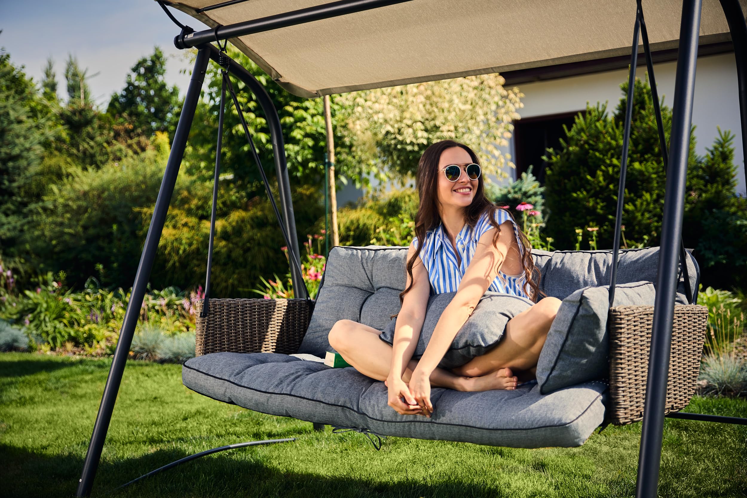 Coussins pour Bancs de Jardin - Coussins Assise & Dossier Souples - Chaise Longue, Banc de Jardin, Balancelle, Sol - Imperméables, Motif Matelassé, Sangles d'attache - 180 cm Beige