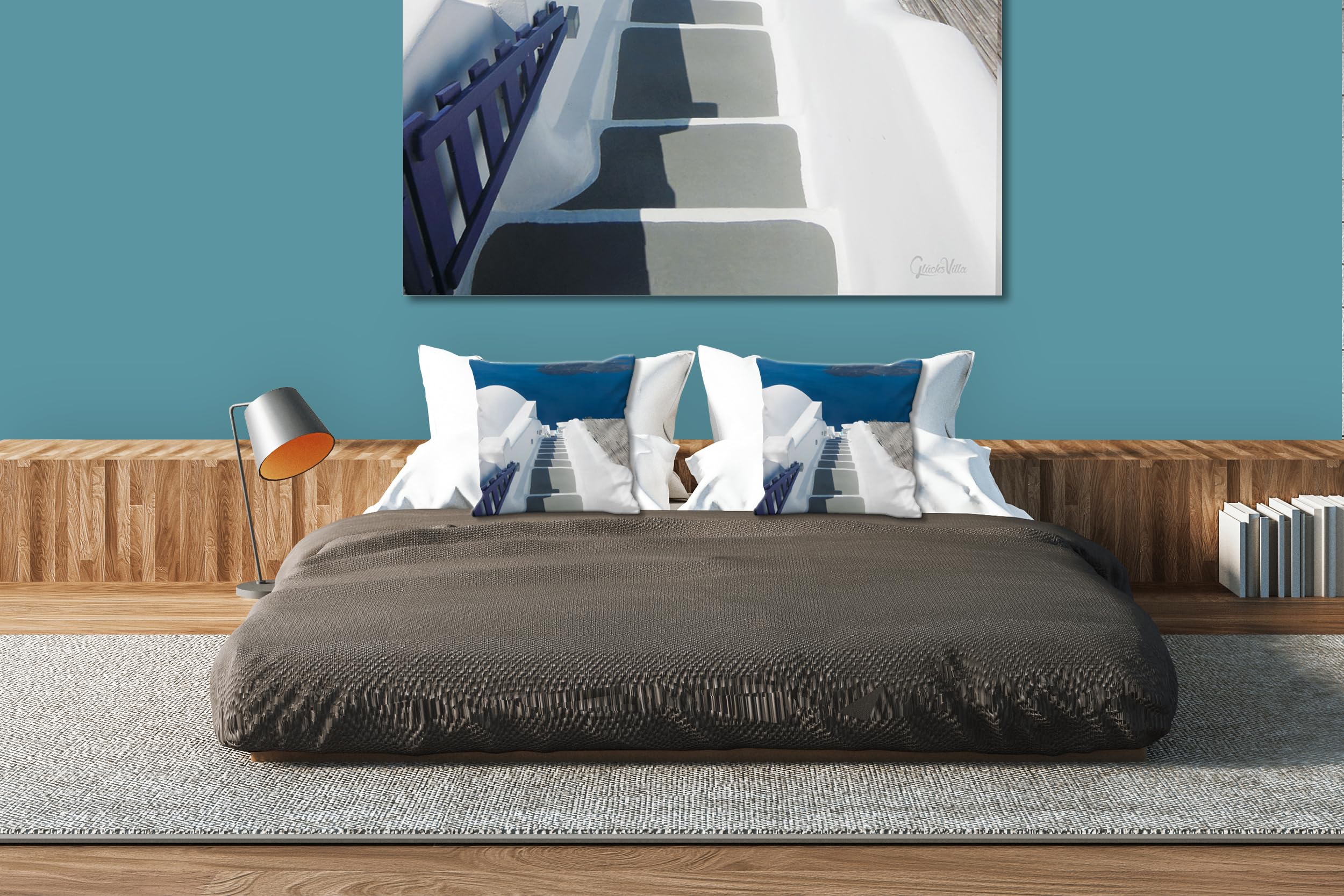 Santorin 1 - Foto-Kissen-Hülle Set (2 STK.) 40 x 40 cm | Kissen-Bezüge - passend zu Wandbild - Deko-Kissen - Griechenland Treppe Meer Insel