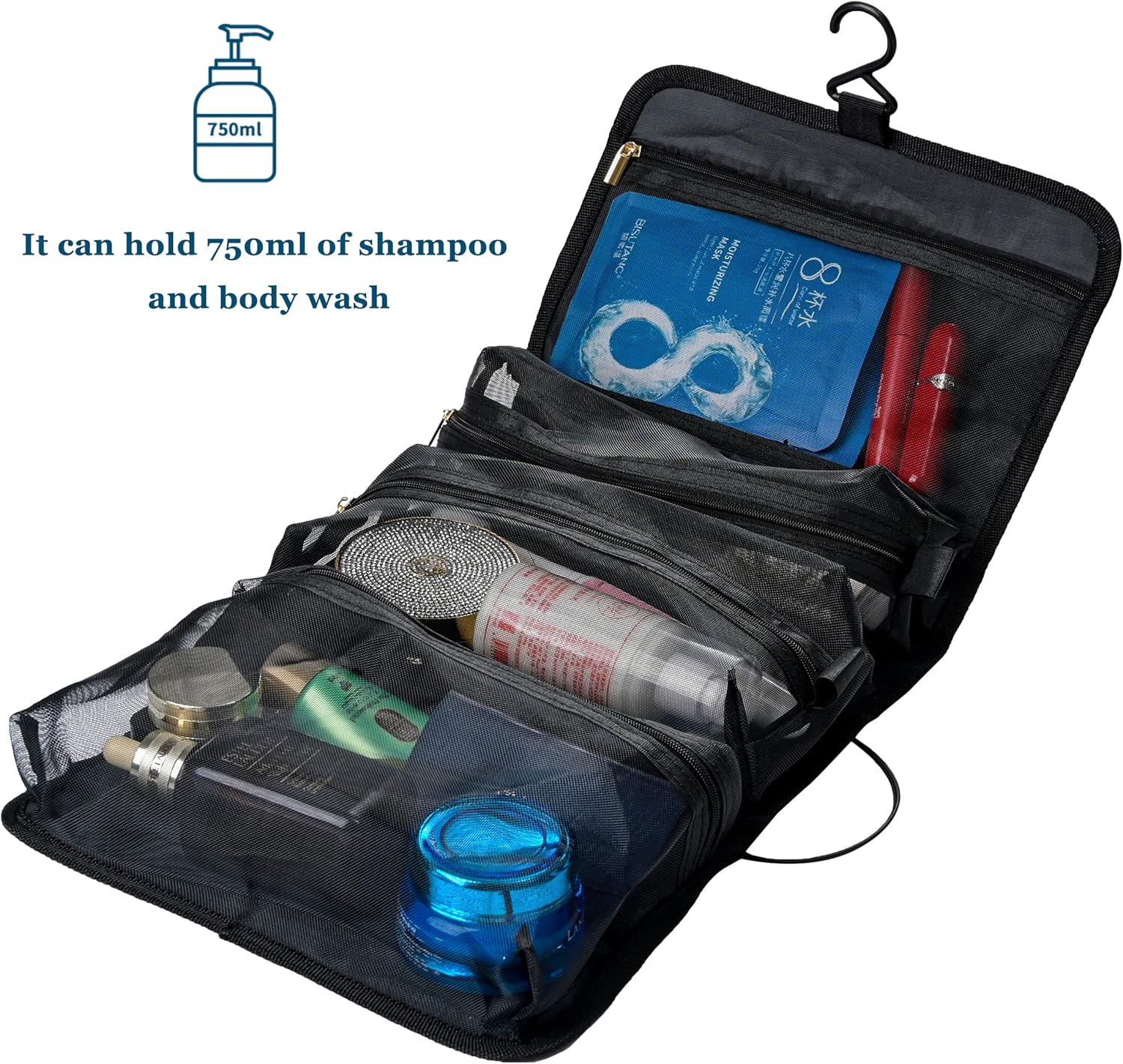 Toiletry Bag Can Hanging Small Roll-Up Makeup Organizer Bag with 3 Detachable Transparent Mesh Folding Cosmetic Travel Bags for Women & Men Black Toiletries Organizer Bag Gym Camping Grooming, Black - Image 6