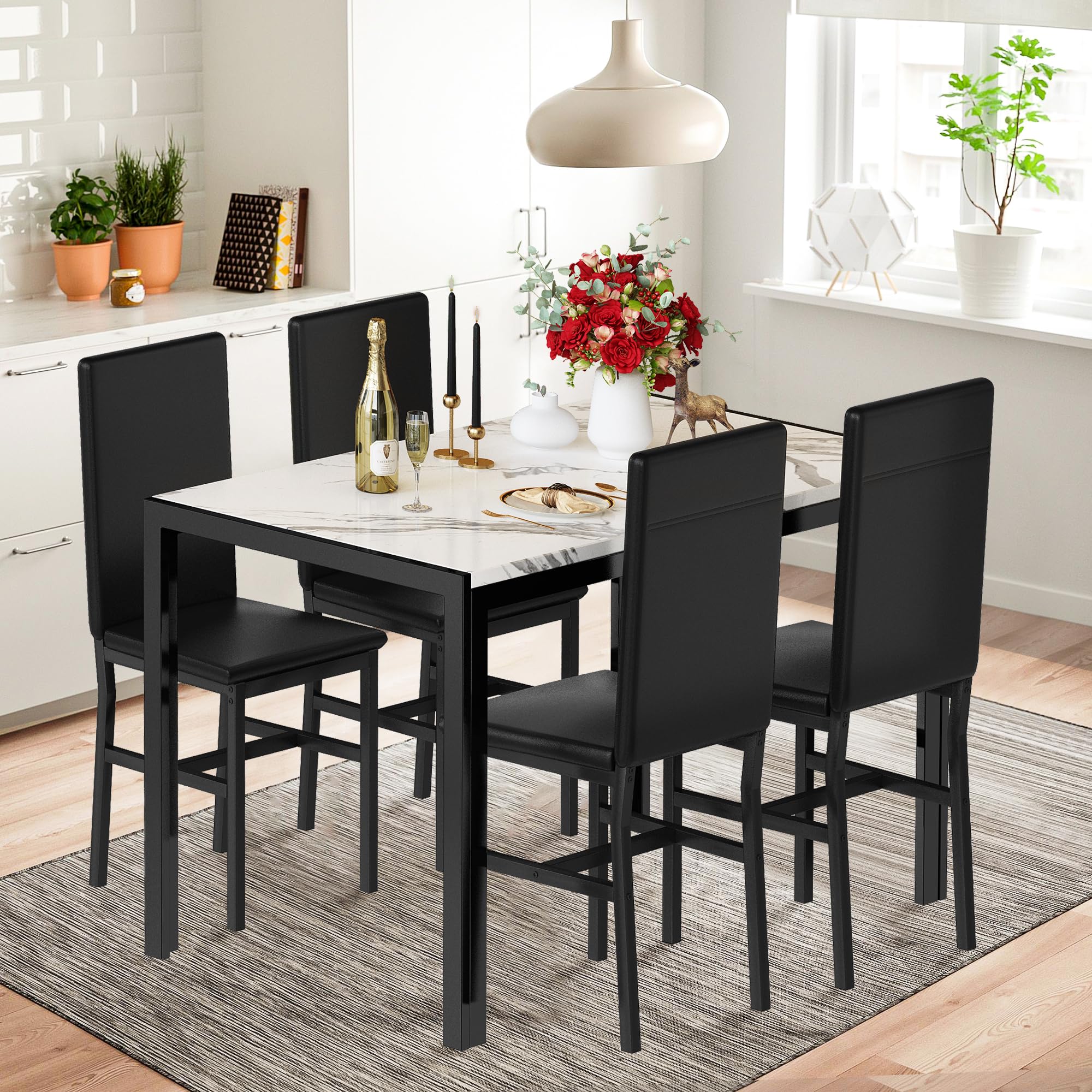 Lamerge Dining Table , Faux Marble Kitchen Table and Chairs Set, Rectangle Dining Room Table Set with Metal Frame and Upholstered Chairs, for Small Space, Dining Room, Kitchen, White&Black(no chairs included) 