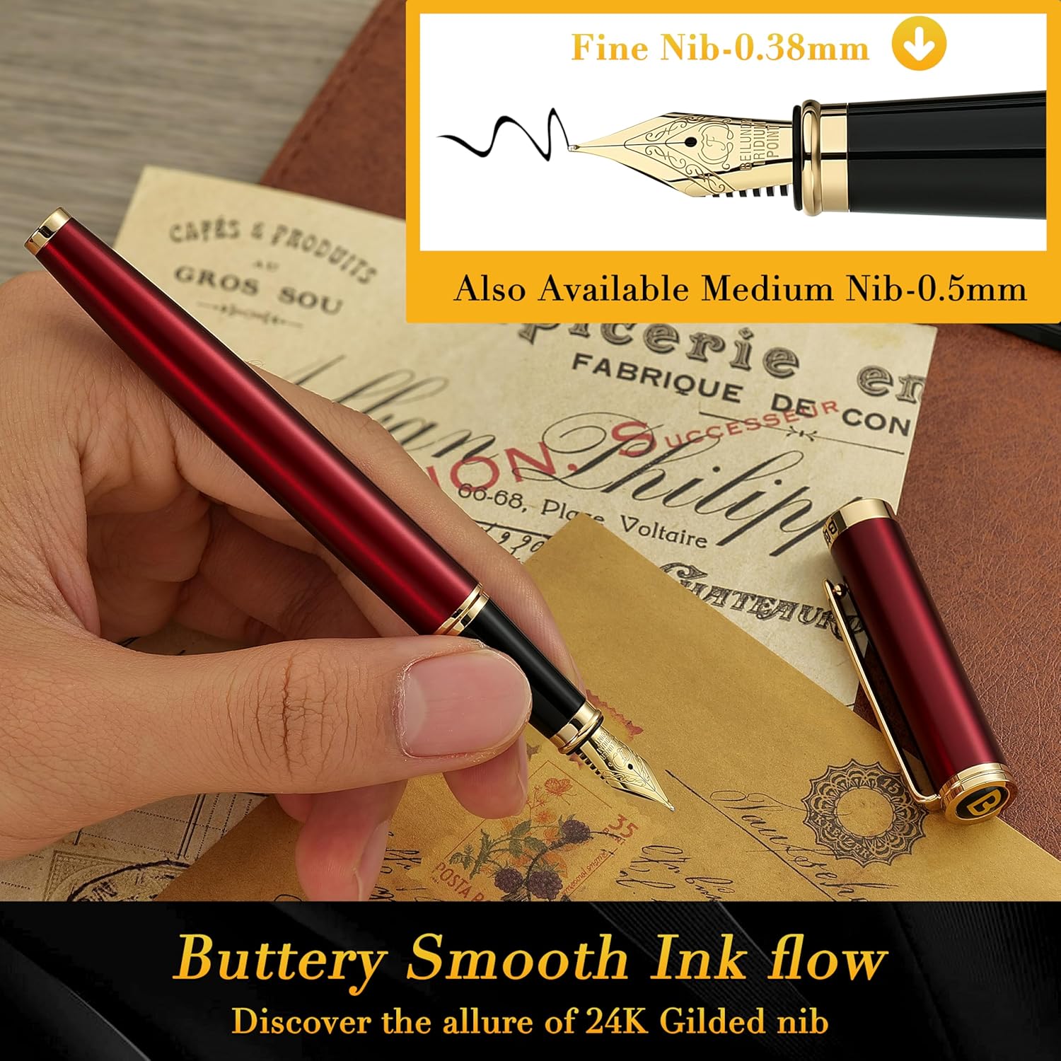 BEILUNER Red Fountain Pen,Stunning Luxury Pens with 24K Gold Finish, Gorgeous 24K Gilded Nib(Fine), Trustworthy Pen Gift for Men&Women -Ink Converter-Elegant,Graduation,Office,Nice Pen for Writing