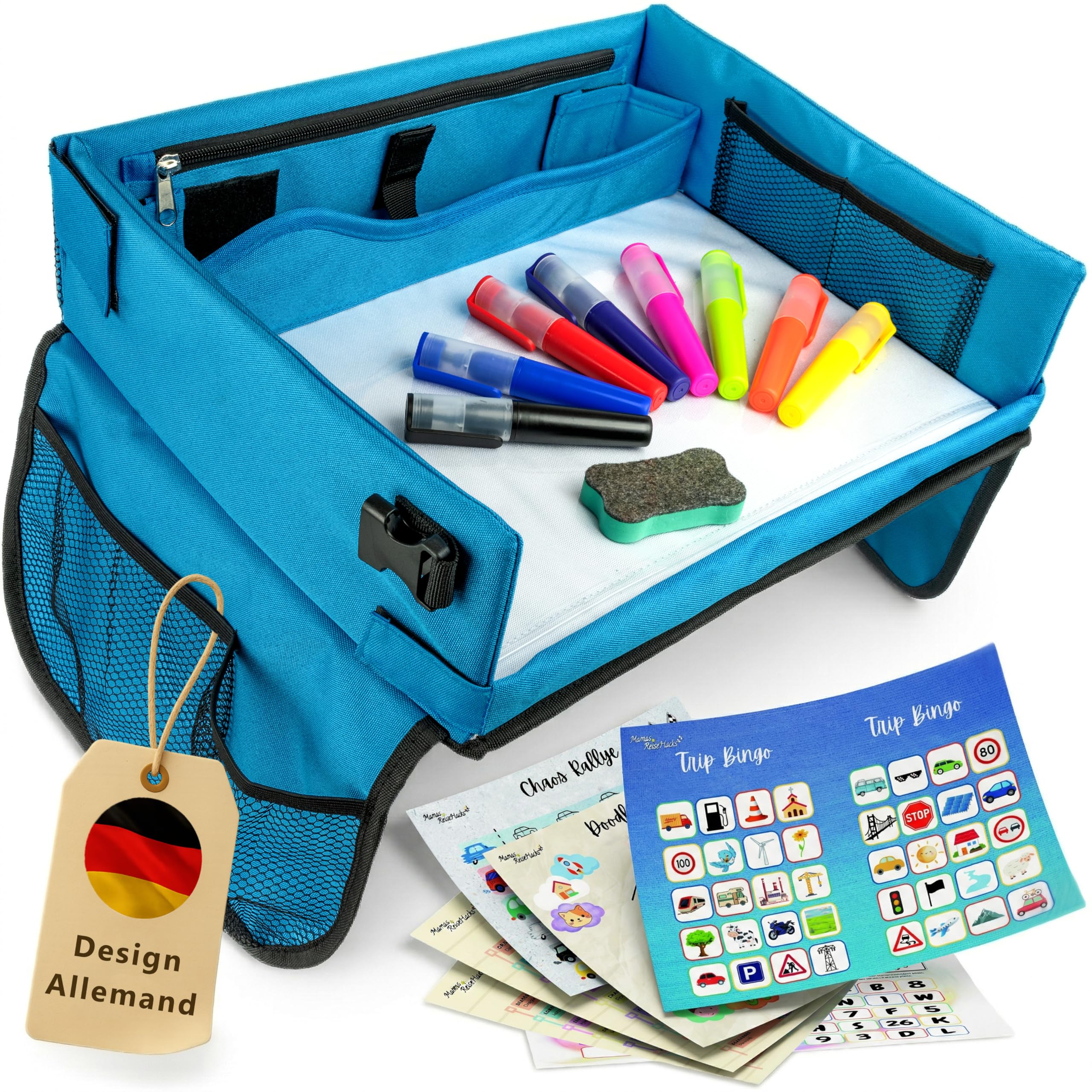 Mamas Reise Hacks Table de voyage pour enfant avec support de tablette et jeux de voiture