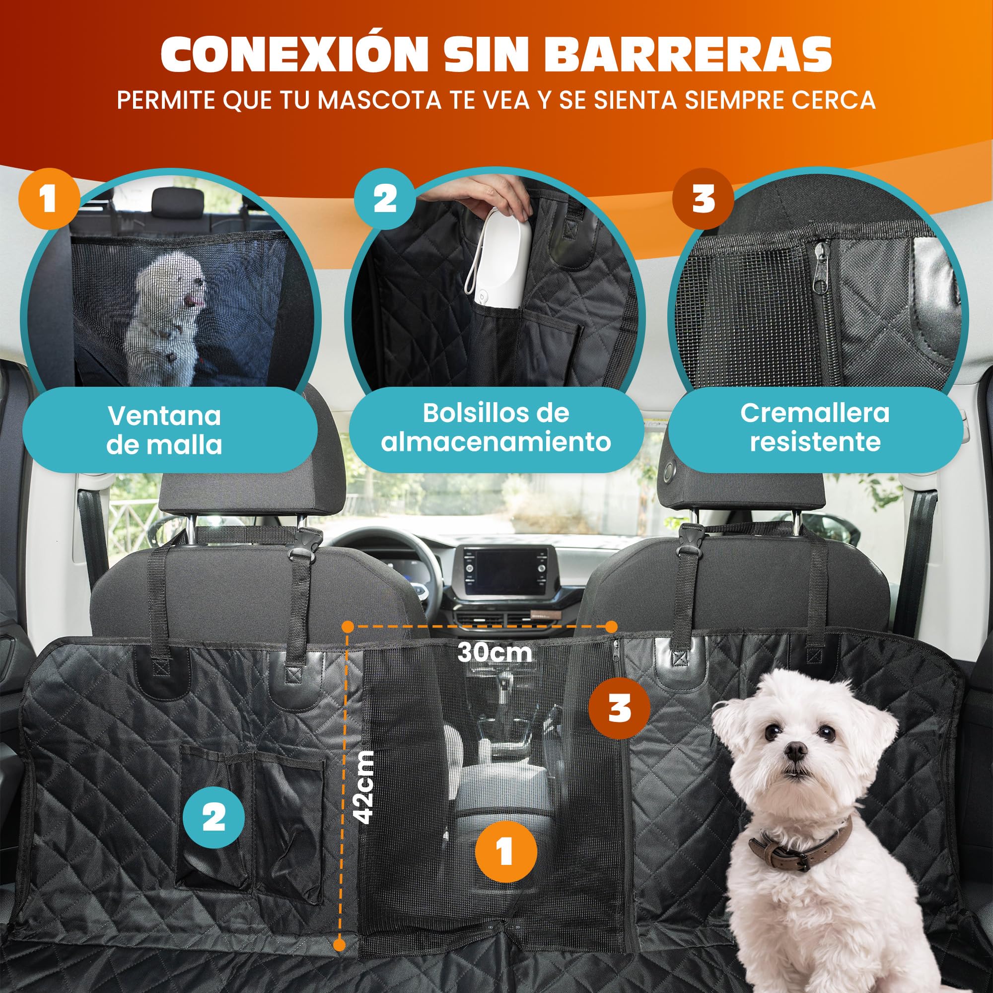 Funda Coche Perro Impermeable Protector Asiento Trasero para Perros Antideslizante, Universal, Lavable y Resistente Funda Asiento Coche Rejilla Mascota Incluye cinturón+Bolsa — view 2