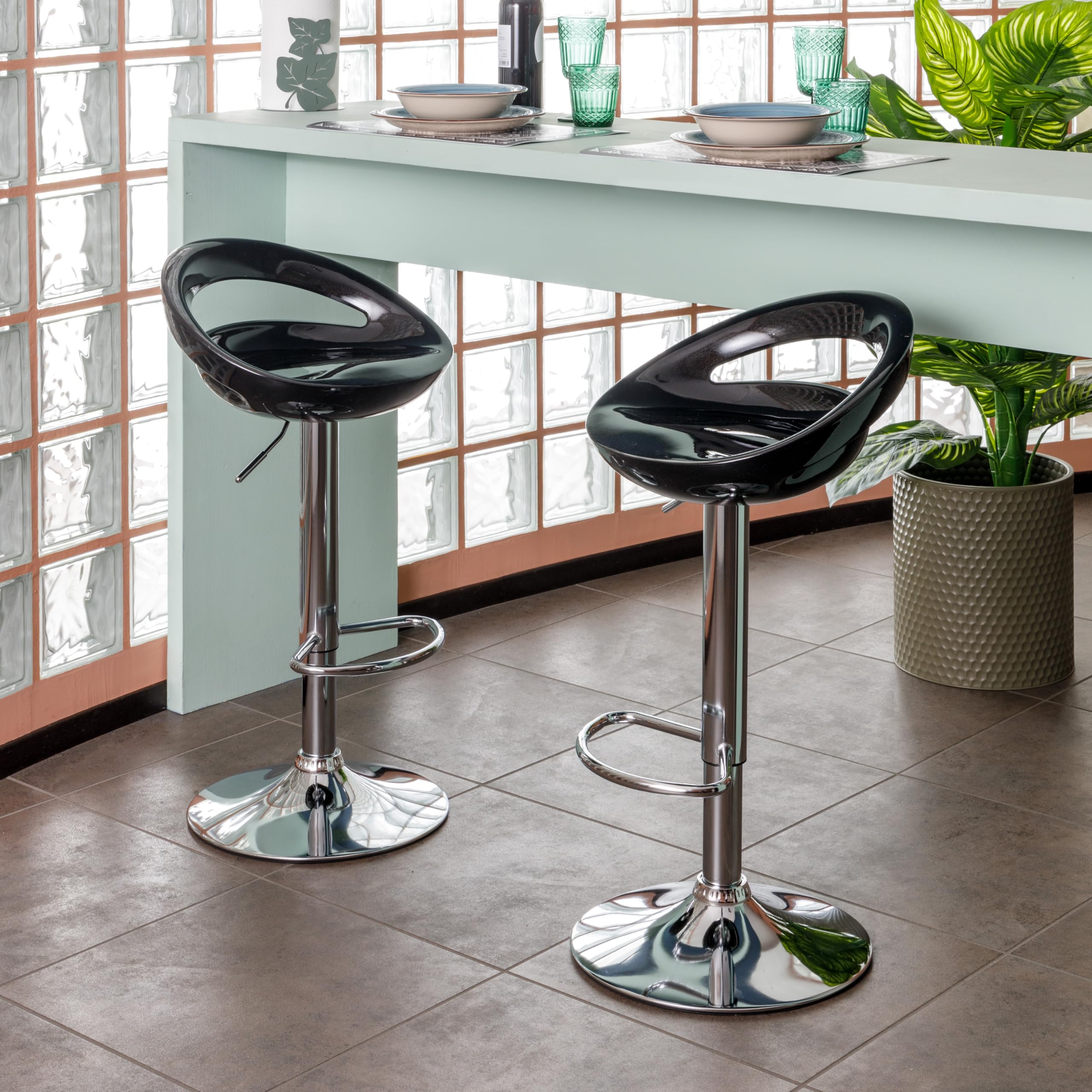 Baroni Home Tabouret de Bar Pivotant Hauteur Réglable, Assise en Plastique et Dossier, Base Chromée, Repose-Pieds et Fond Anti-Rayures, Tabouret de Cuisine et Péninsule, 37x45x59–79 cm, Noir 1 pièce