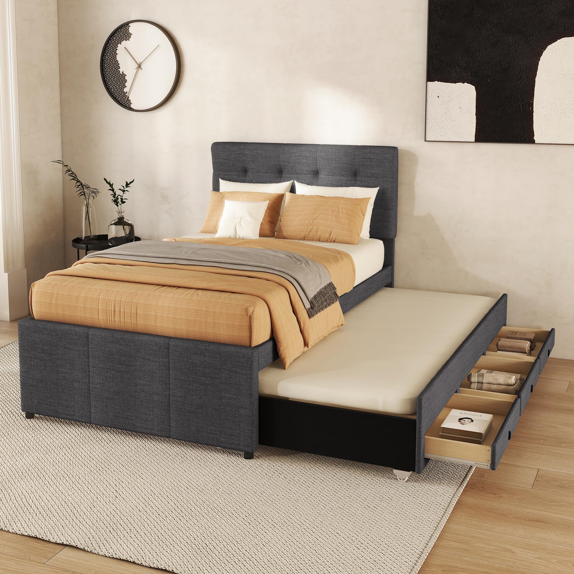 Letto imbottito 90 x 200 cm, letto singolo con 3 cassetti, telaio letto con letto estraibile 90 x 190 cm, testiera regolabile, letto familiare, lino, senza materasso (grigio, 90 x 200 cm)