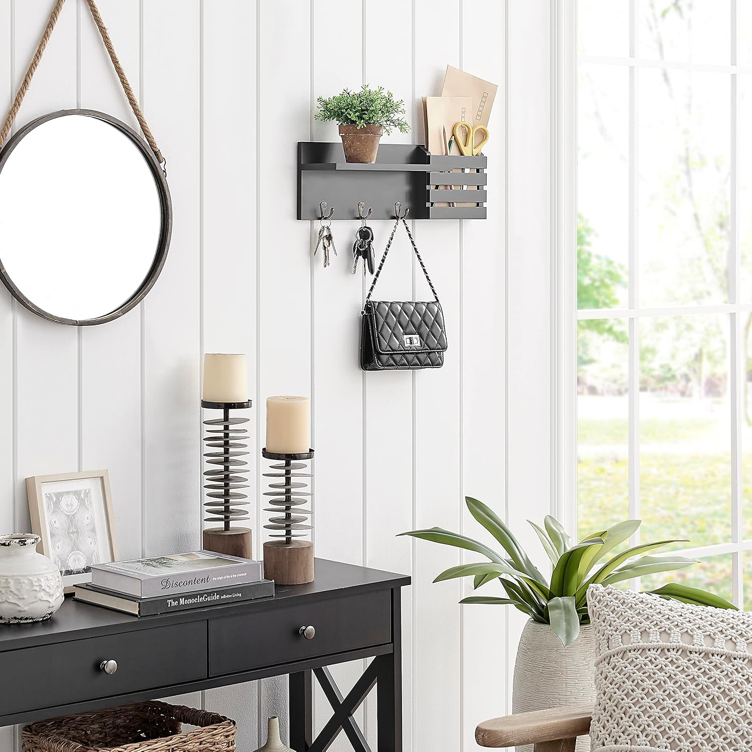 Danya B. Entryway Utility Wall Shelf with Pocket and Hanging Hooks (Black)