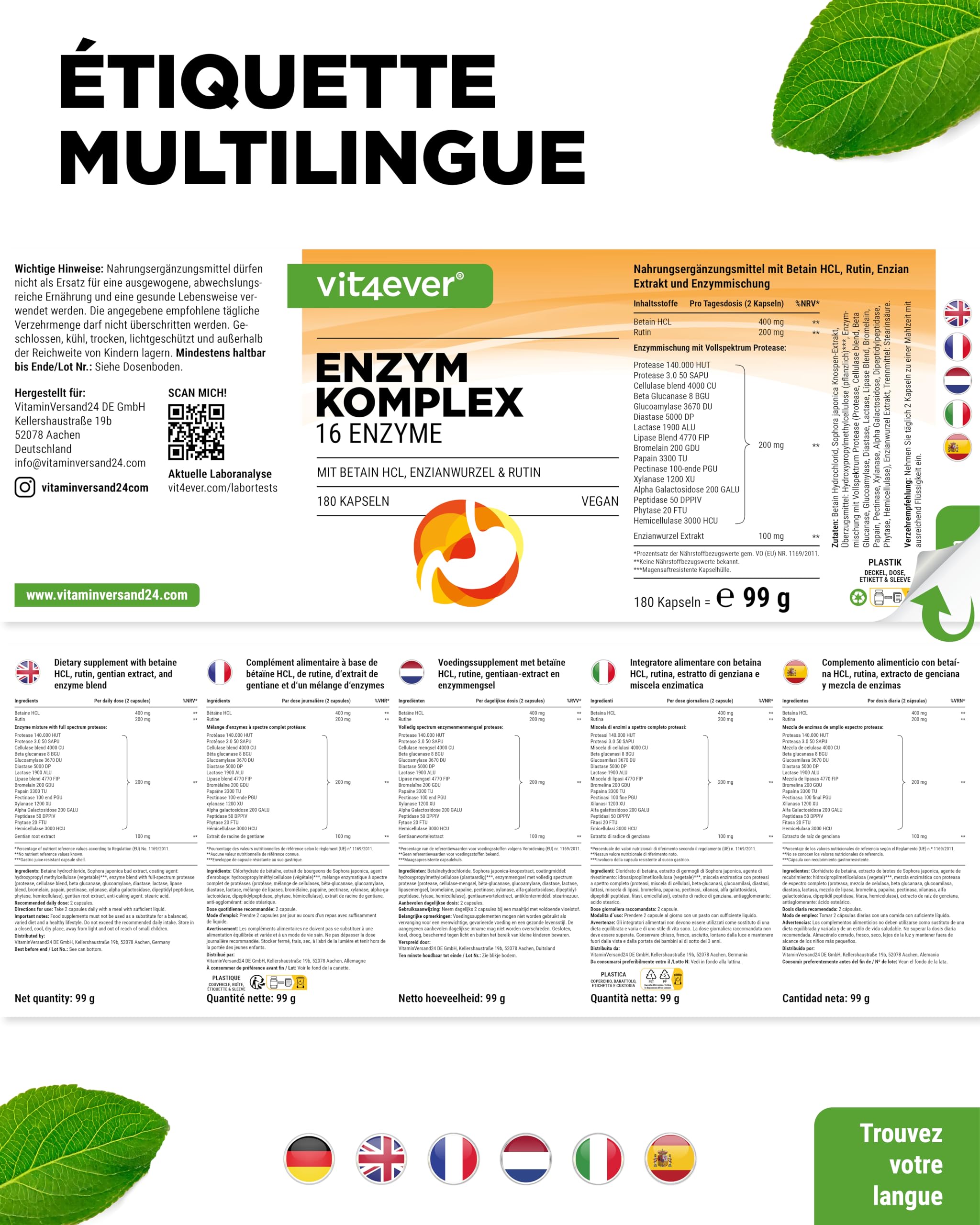 Enzymes Digestives - 180 Gélules avec 16 Enzymes plus Bétaïne HCL, Rutine & Racine de Gentiane - Avec Bromélaïne, Papaïne, Amylase, Lipase, Protéase, Lactase - Végétalien - Fortement Dosé