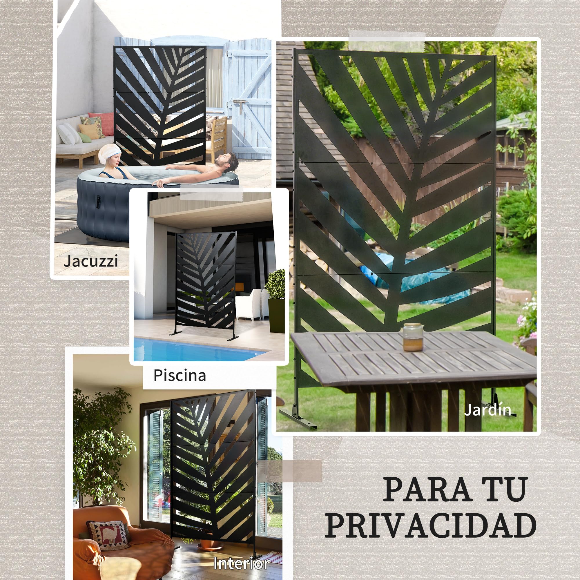 Outsunny Biombo de 3 Piezas Biombo Separador de Ambientes con Diseño de Hoja de Plátano Biombo para Exterior Jardín Patio Terraza 122x45x198 cm Negro