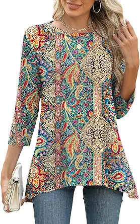 LOMON 3/4 Sleeve Tunic Tops for Women Loose Fit Dressy Casual Blouse Flowy Shirts to Wear with Leggings S-3XL