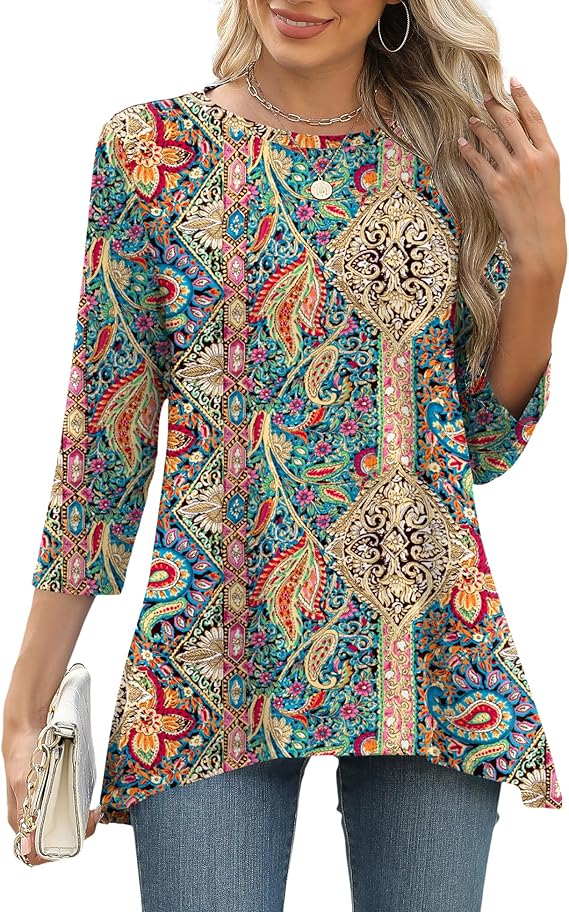 LOMON 3/4 Sleeve Tunic Tops for Women Loose Fit Dressy Casual Blouse Flowy Shirts to Wear with Leggings S-3XL