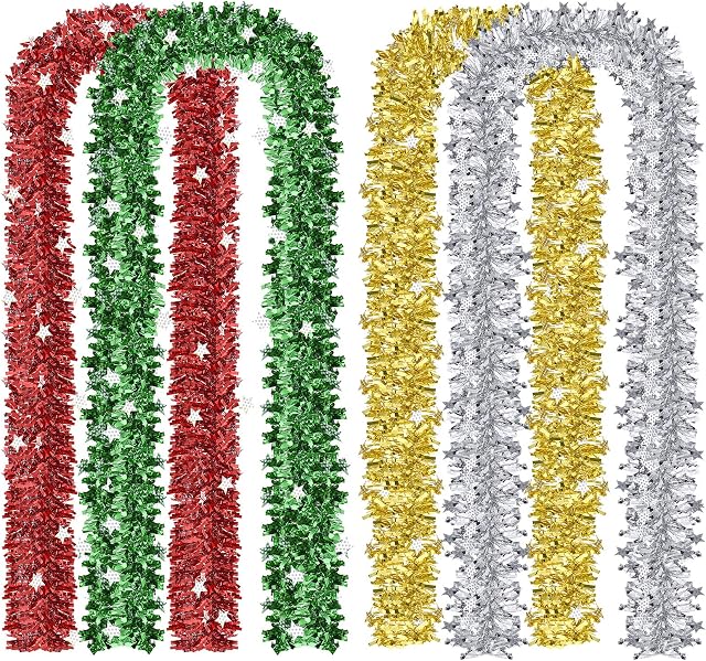 MELLIEX 8M / 26Ft Christmas Tinsel 4 Pieces Shiny Chunky Metallic Garland Hanging Decoration for Christmas Tree Wreath Wedding Party Supplies