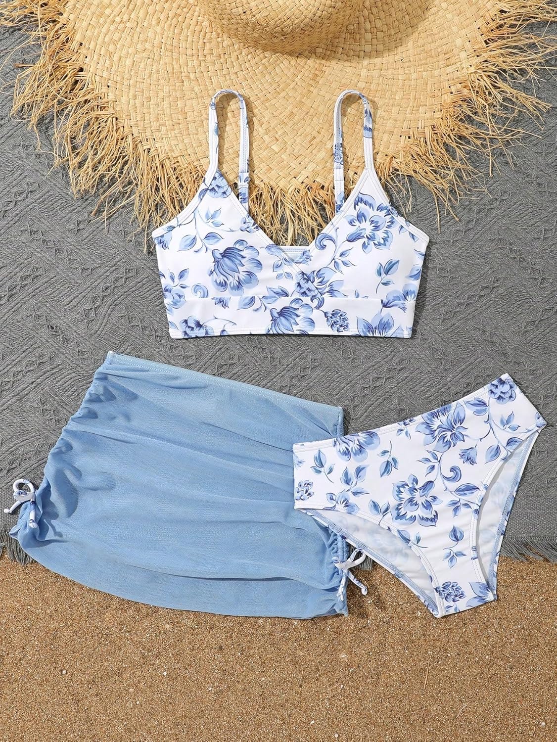 COZYEASE Girls' 3 Piece Set Floral Print Bikini Swimsuit with Drawstring Beach Skirt Cute Ruched Bathing Suit - Image 5