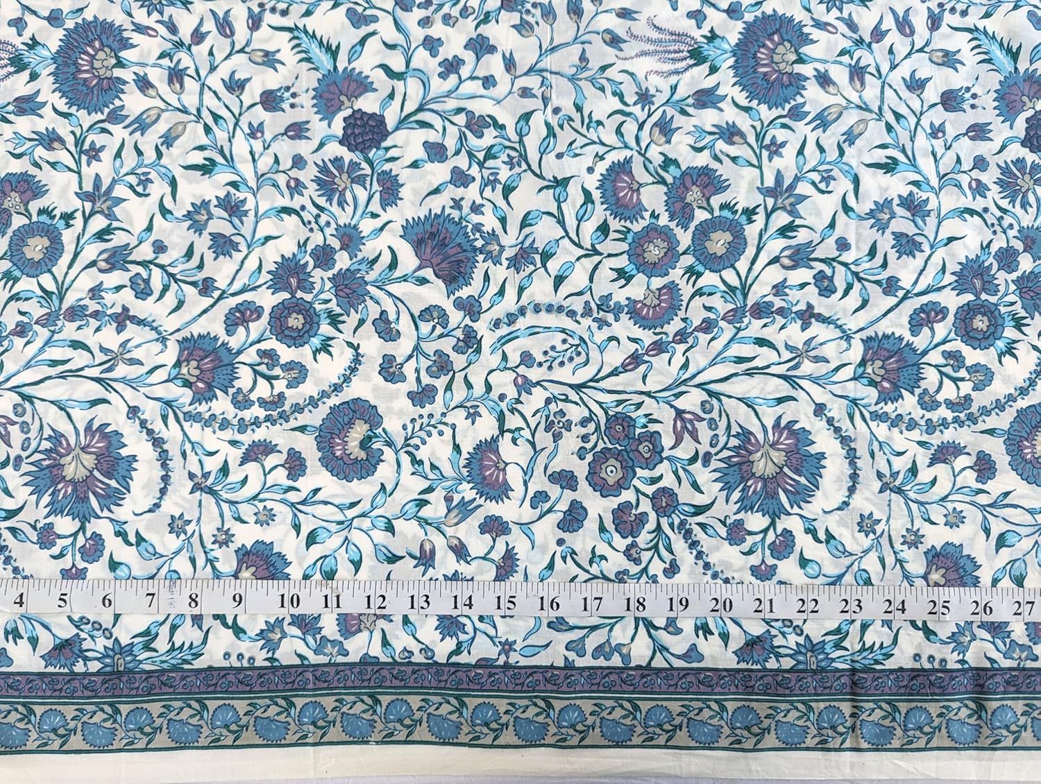 AVKA Studio Hand Block Print Fabric by The Yard - PRECUT 5 Yard 42 Inch Width - 100% Cotton Material - White with Blue & Purple Floral Pattern - Light Weight Indian Cloth for Making Summer Dress Tops