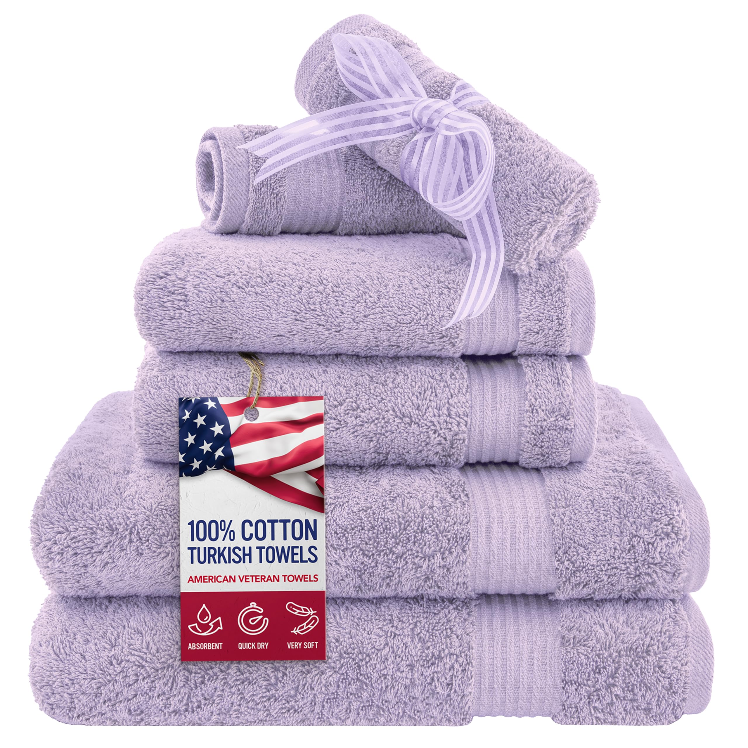 American Veteran Towel, 6 Piece Towel Set for Bathroom, 100% Cotton Turkish Bathroom Towels, 2 Bath Towels 2 Hand Towels 2 Washcloths, Lilac