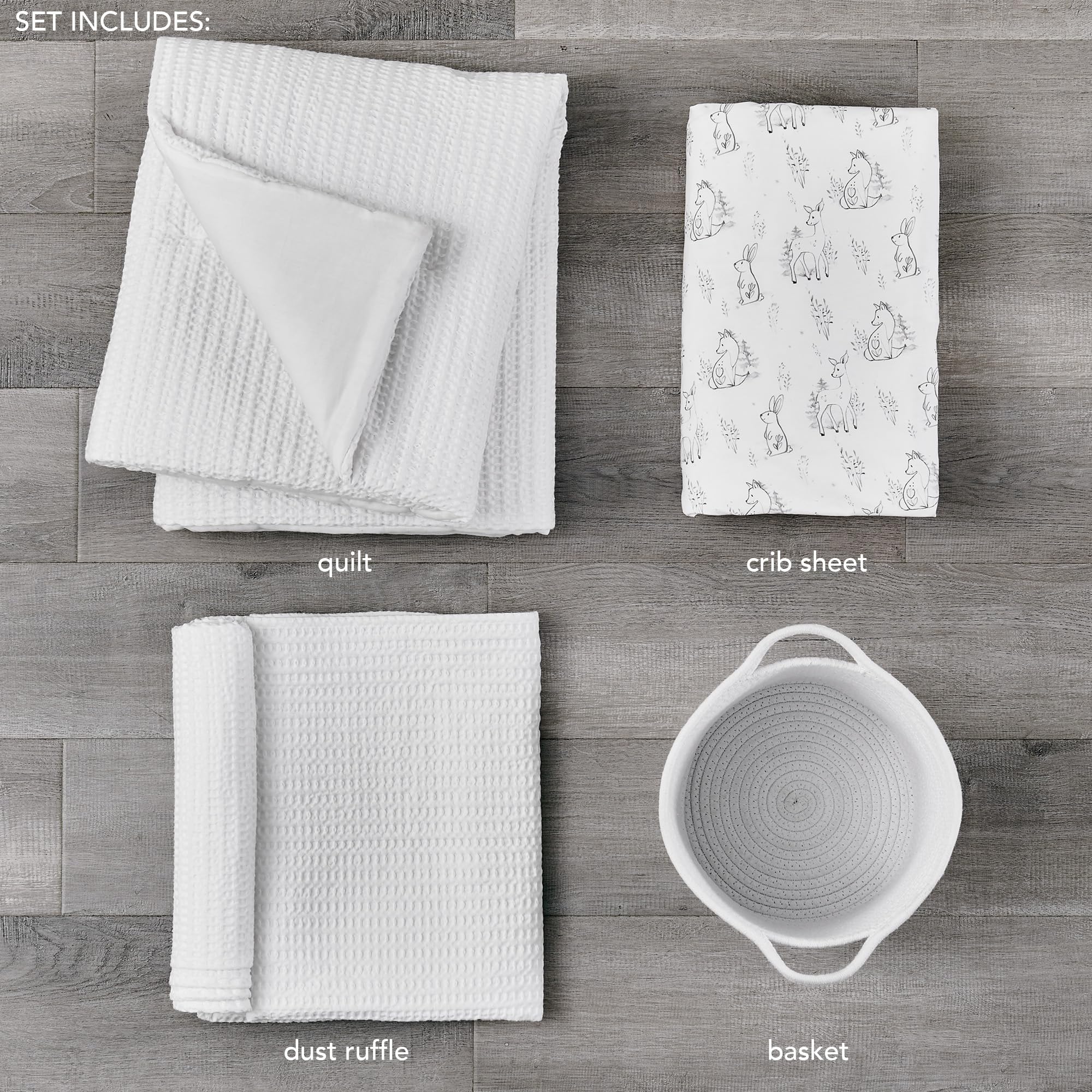 Levtex Baby - Juego de cama para cuna Mills Waffle - Juego de guardería para bebé - Blanco - Waffle texturizado blanco - Juego de 4 piezas que incluye edredón, sábana bajera, volantes y cesta de