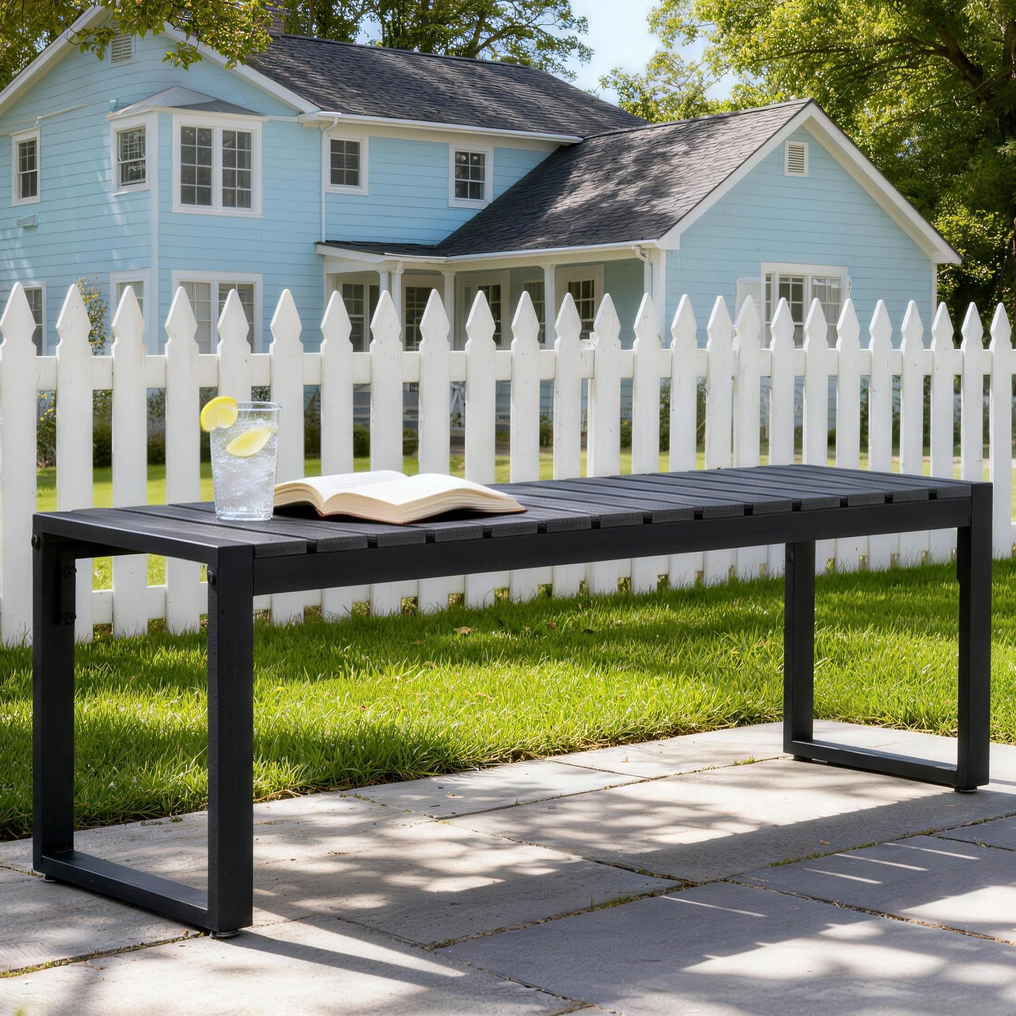 Mingone 2 Sitzer Gartenbank Wetterfest, Schwarz 120 x 40 x 45 cm | Bank Outdoor , Holz & Metall,Für Garten Balkon & Flur, Sitzbank 200 kg Belastbarkeit