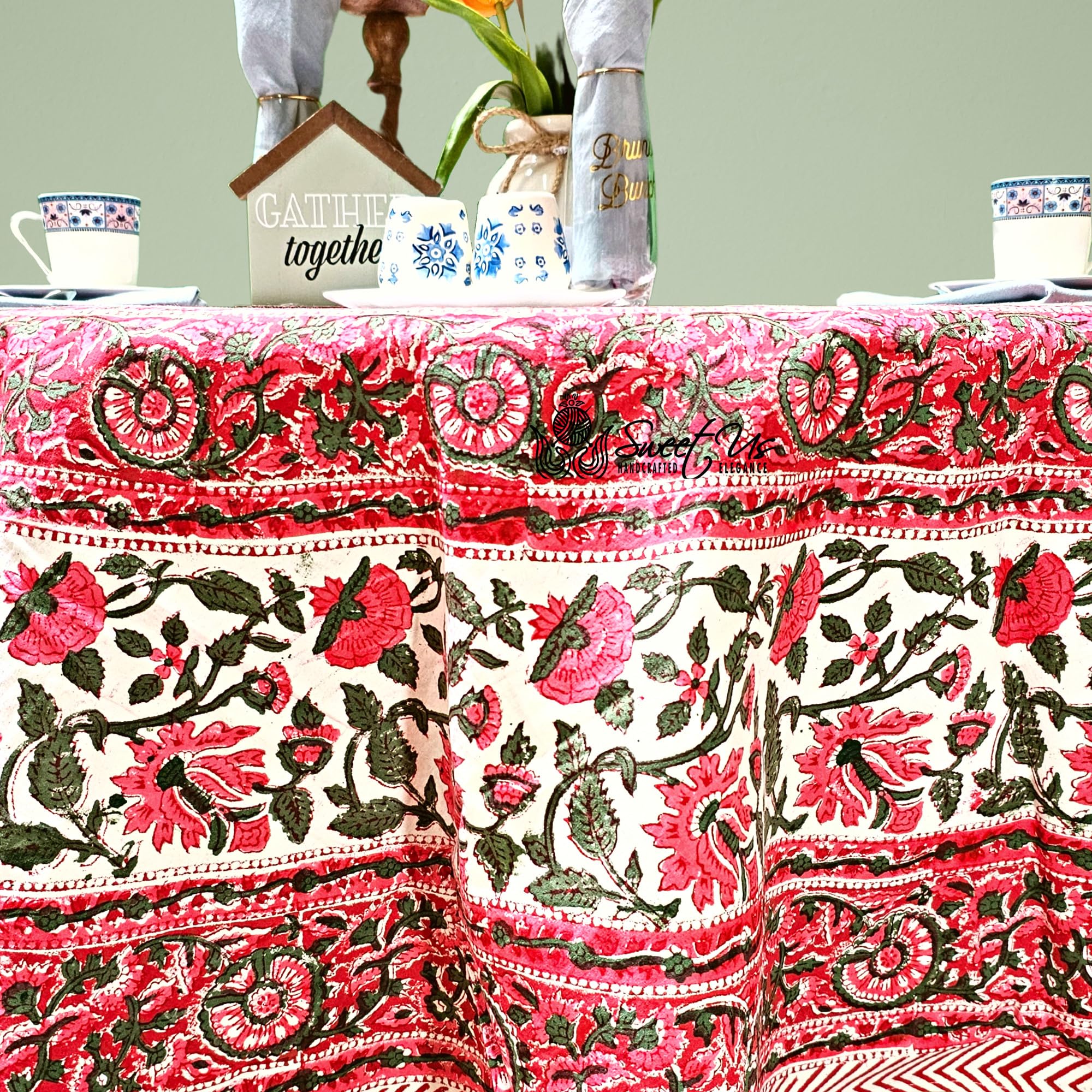 Sweet Us Floral Cotton Block Print Tablecloth With Napkin - 72-Inch Round, Hand-Printed Pink Floral Design - View #2