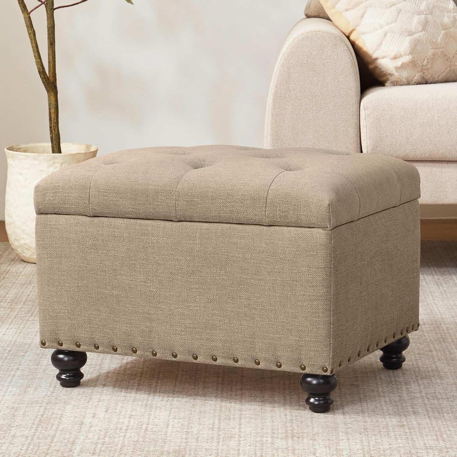 Small Ottoman with Storage, Upholstered Button Tufted Ottoman Foot Rest, Foot Stools, 24" Rectangle Bench with Storage for Living Room, Bedroom, Dorms and Apartments (Brown)