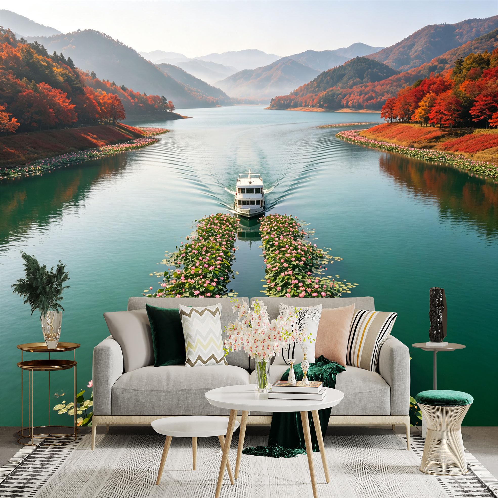 Custom Size Wall Sticker Mural， Cruise Boat on Lake， Vibrant Autumn Forest， Pink Lotus Flowers， Serene Mountain Landscape， for wall Decoration， peelandstick wall Decals.