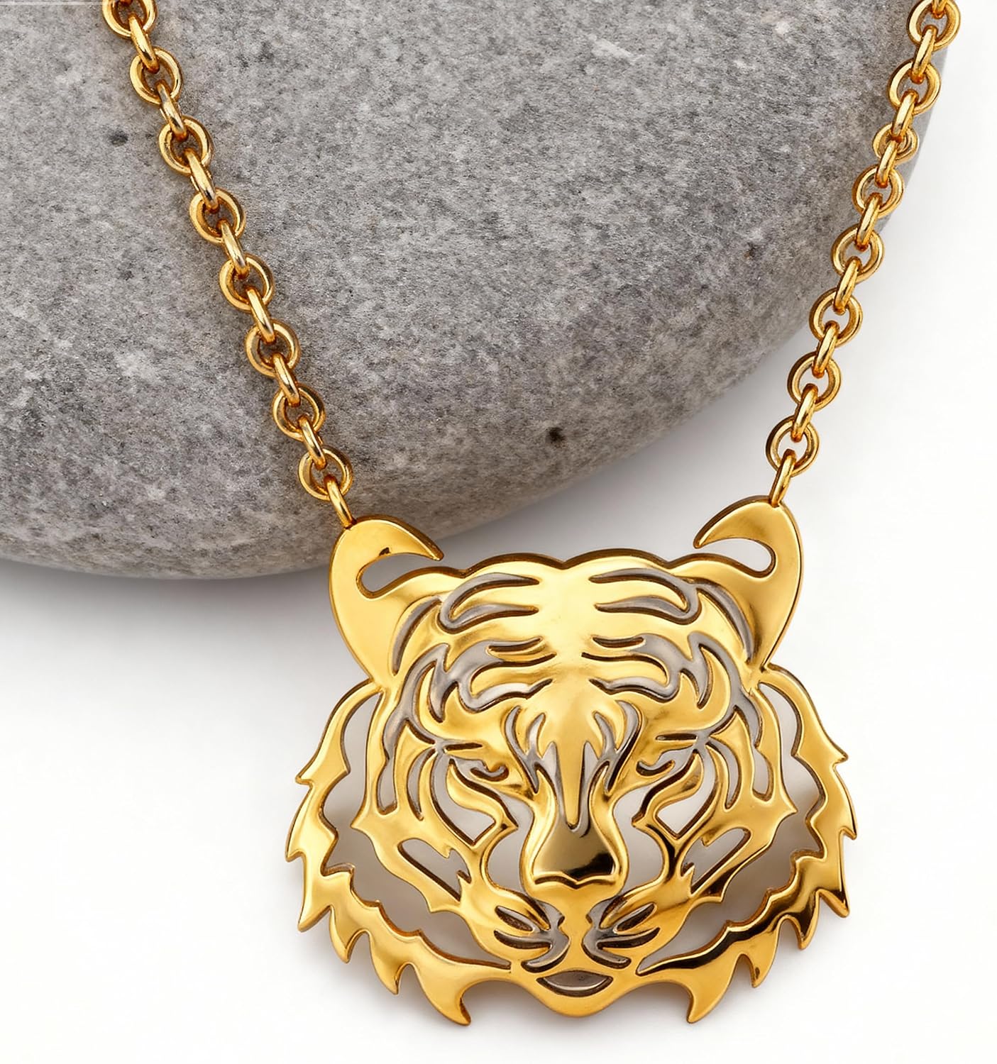 Gold Tiger Face Pendant Necklace, Stainless Steel Chain, Women's Fashion Jewelry - Image 3