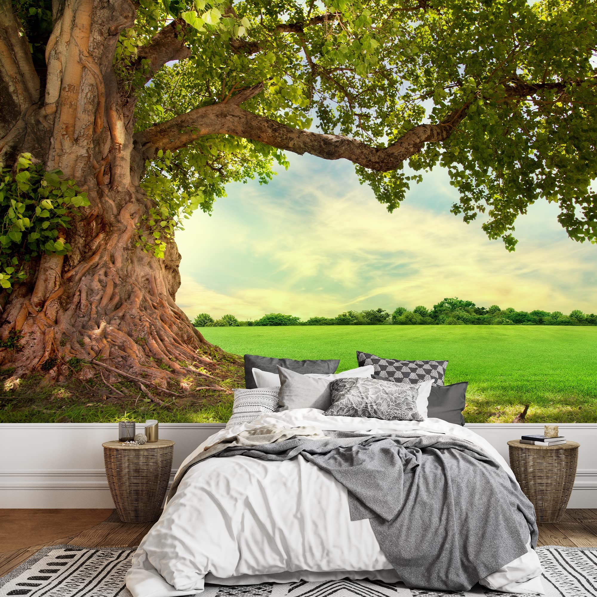 wall26 - Spring Meadow with Big Tree with Fresh Green Leaves Removable Wall Mural Self-Adhesive Large Wallpaper - 100x144 inches