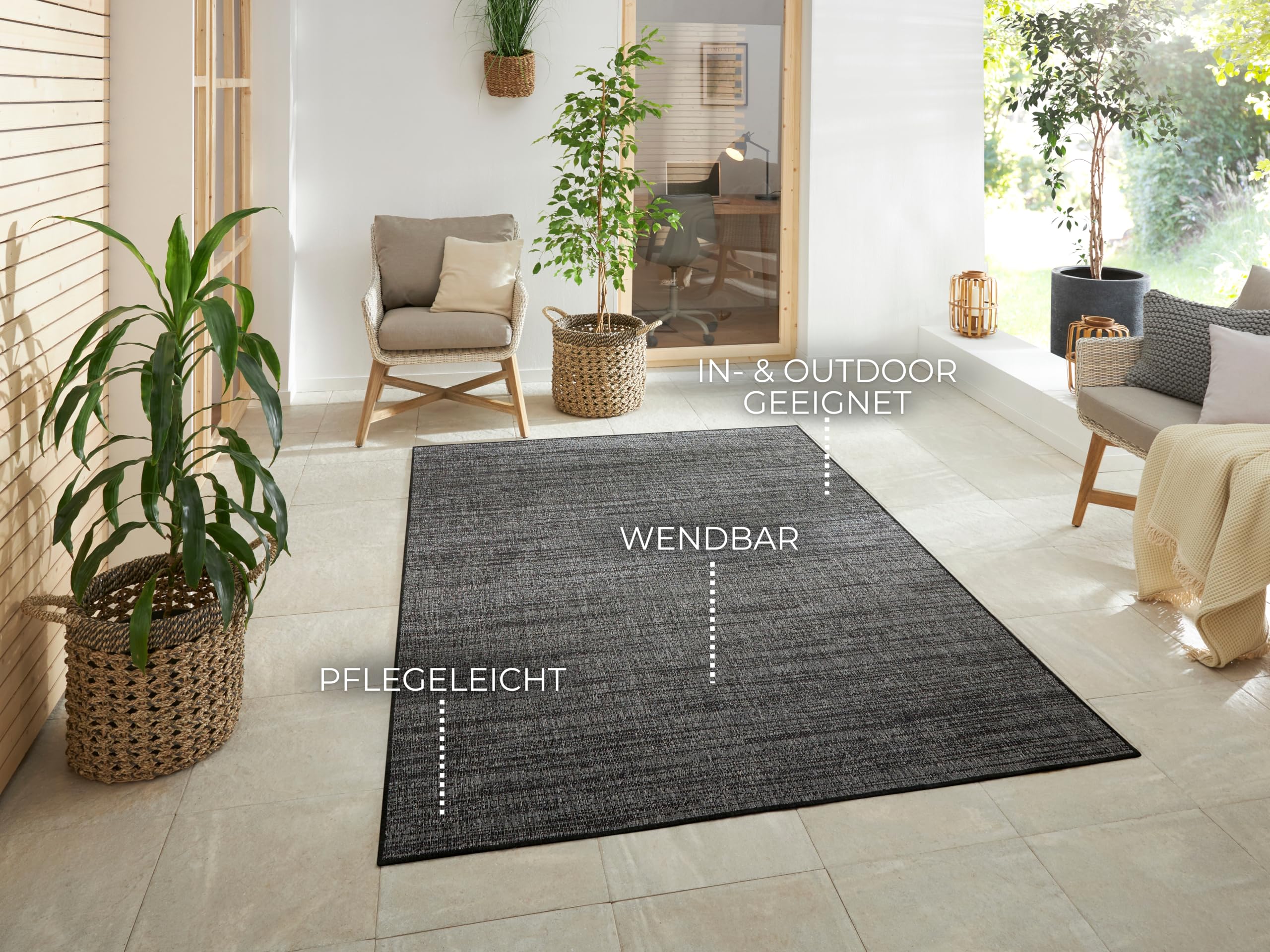 ELLE Decoration Indoor and Outdoor Mèlange Flat Weave Reversible Rug Modern Design Mottled Robust Easy Care Water-Repellent Balcony Patio Garden Living Room Office Bedroom Night Silver - Image 2