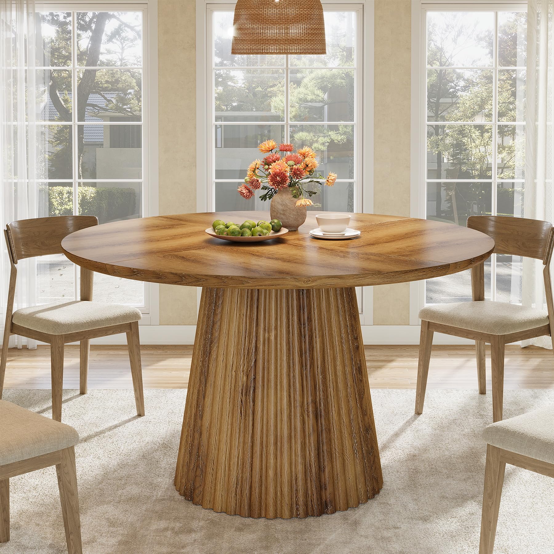 Tribesigns Mesa de Comedor Redonda de 120 cm para 4-6 Personas, Mesa de Cocina rústica de Madera con Base Acanalada para Comedor, Cocina o salón.