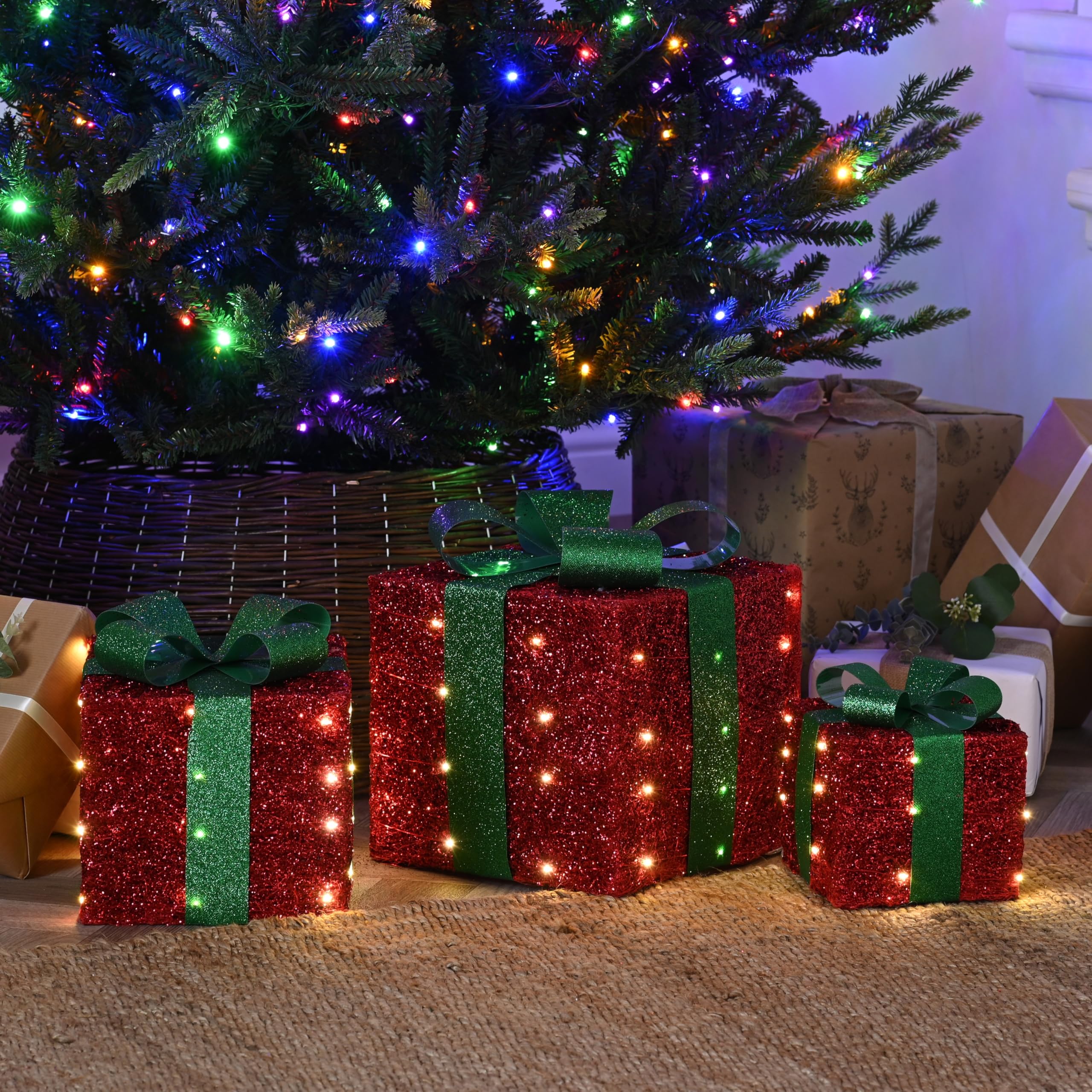 Festive Lights 30cm LED Set Rot Weihnachtsfigur beleuchtet Warmweiß 3D Grün Batterie Timer Geschenk Set Fensterdeko Weihnachten Stehend