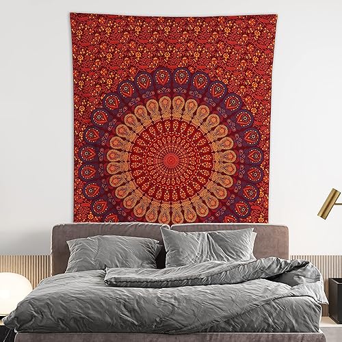 Miniatura 2 de Tapiz hippie indio bohemio psicodélico dorado mandala de pavo real azul dorado para colgar en la pared (marrón dorado, granate, individual (54 x 72